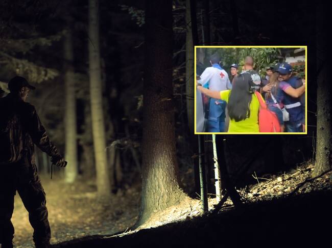 Persona haciendo una búsqueda en un bosque y al lado el personal de búsqueda de Cristian Alexander Muñoz en Cali