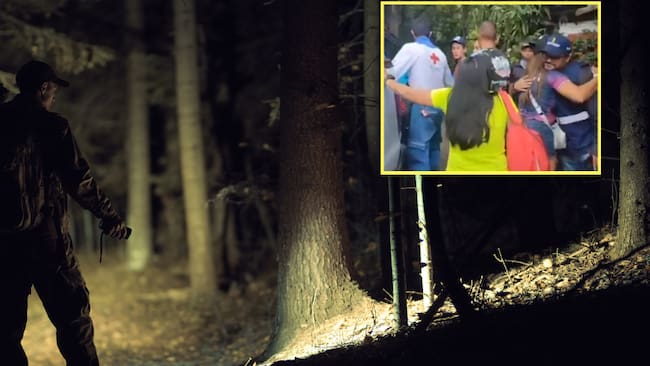 Persona haciendo una búsqueda en un bosque y al lado el personal de búsqueda de Cristian Alexander Muñoz en Cali