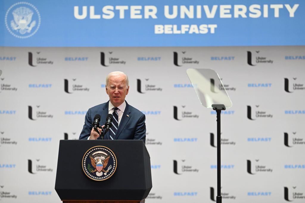 BELFAST, NORTHERN IRELAND - APRIL 12: President Joe Biden is pictured at Ulster University on April 12, 2023 in Belfast, Northern Ireland. US President Joe Biden spends the day in Belfast meeting with UK Prime Minister Rishi Sunak and delivering a speech at Ulster University. His visit marks the 25th anniversary of the Good Friday Agreement, the peace deal which ended 30 years of conflict in Northern Ireland. (Photo by Charles McQuillan/Getty Images)