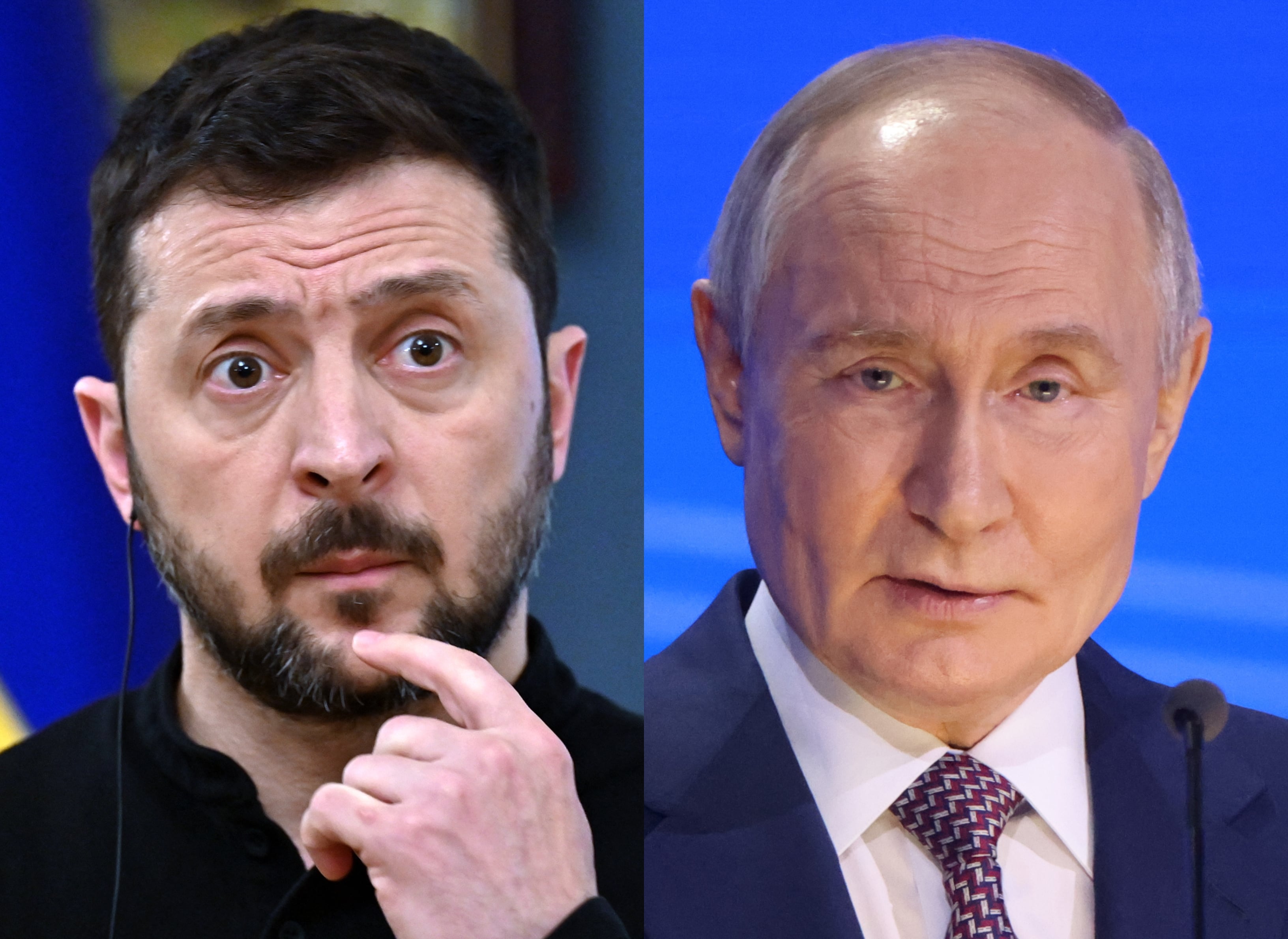 Presidente de Ucrania, Volodímir Zelenski. FOTO: SERGEI SUPINSKY/AFP /Getty Images.Presidente ruso, Vladímir Putin. FOTO: Contributor/Getty Images