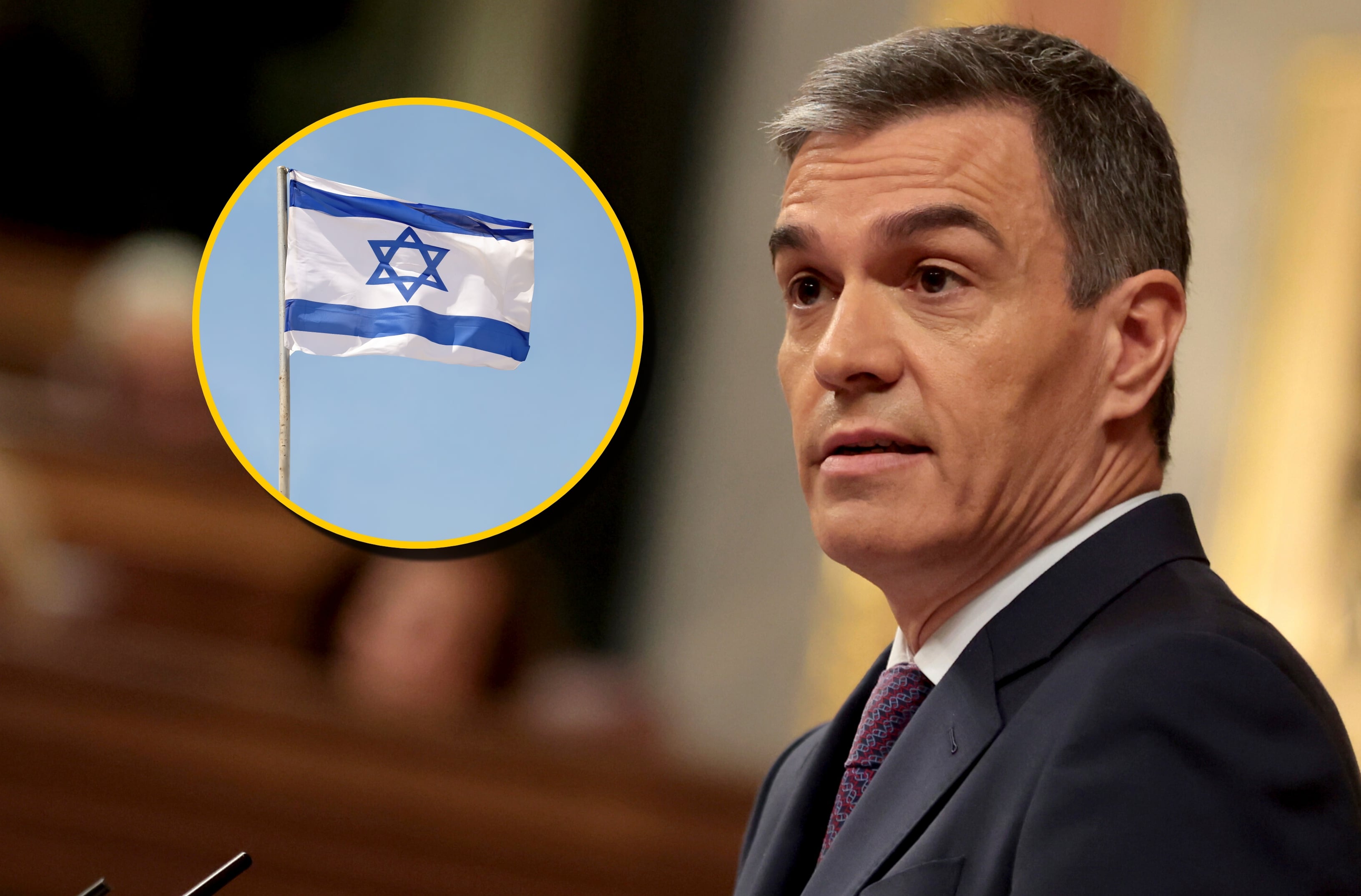 Pedro Sánchez y bandera de Israel. Foto: Juan Carlos Rojas/picture alliance y Nick Brundle vía Getty Images. 
