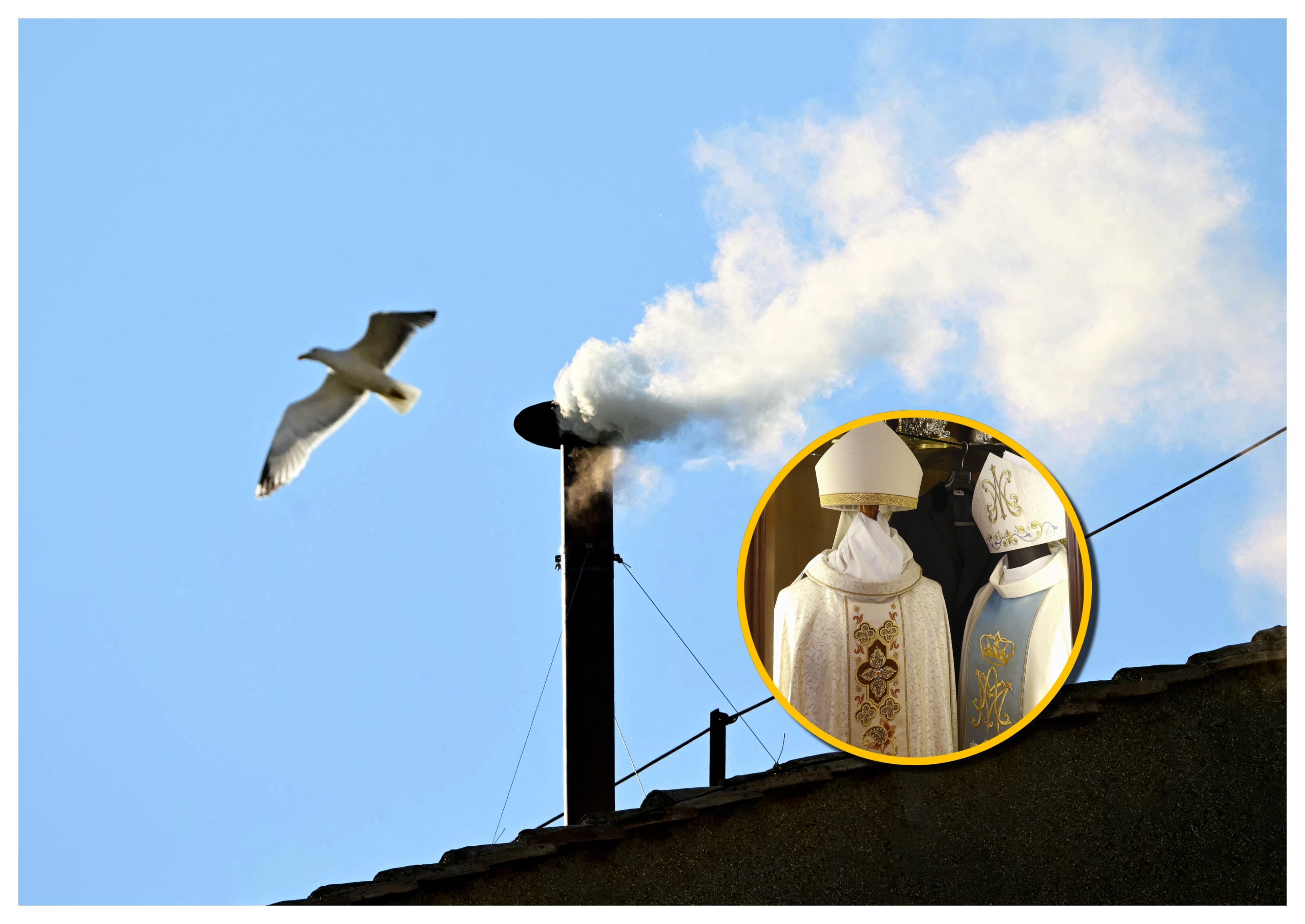 Humo Blanco y referencia del papa. Foto: TIZIANA FABI/AFP/ Riccardo De Luca/Anadolu via Getty Images.