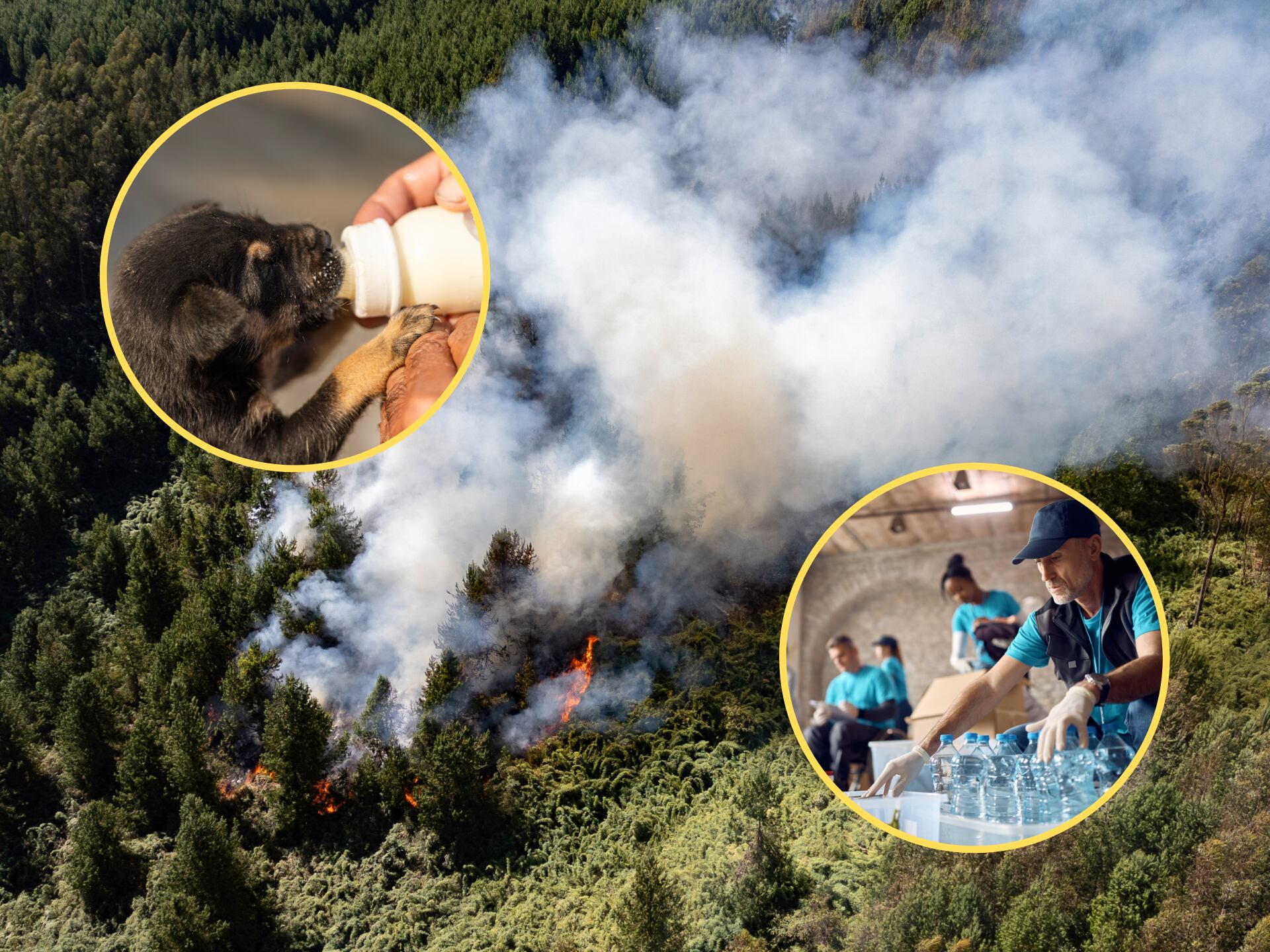 Incendio en los Cerros Orientales de Bogotá, Colombia. En el círculo, donaciones de agua y alimento para animales (Fotos vía GettyImages)