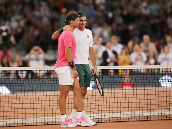 CAPE TOWN, SOUTH AFRICA - FEBRUARY 8 : Roger Federer (R) of Switzerland and Rafael Nadal (L) of Spain play a tennis match at Cape Town Stadium as part of an exhibition game held to support the education of African children, on February 8, 2020 in Cape Town, South Africa. (Photo by Stringer/Anadolu Agency via Getty Images)