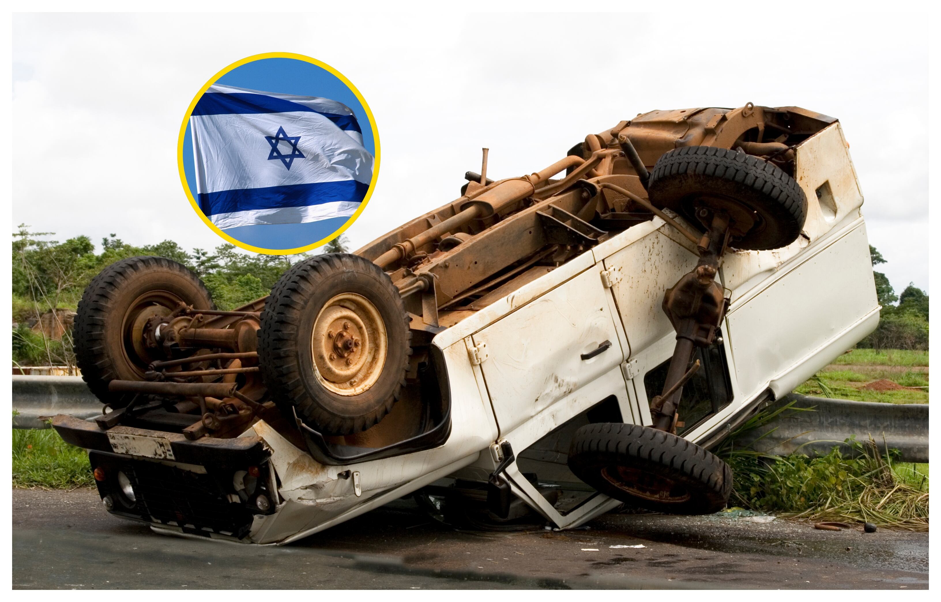 Referencia de vehículo atacado y bandera de Israel. Foto: Atlantide Phototravel y lcoccia vía Getty Images. 