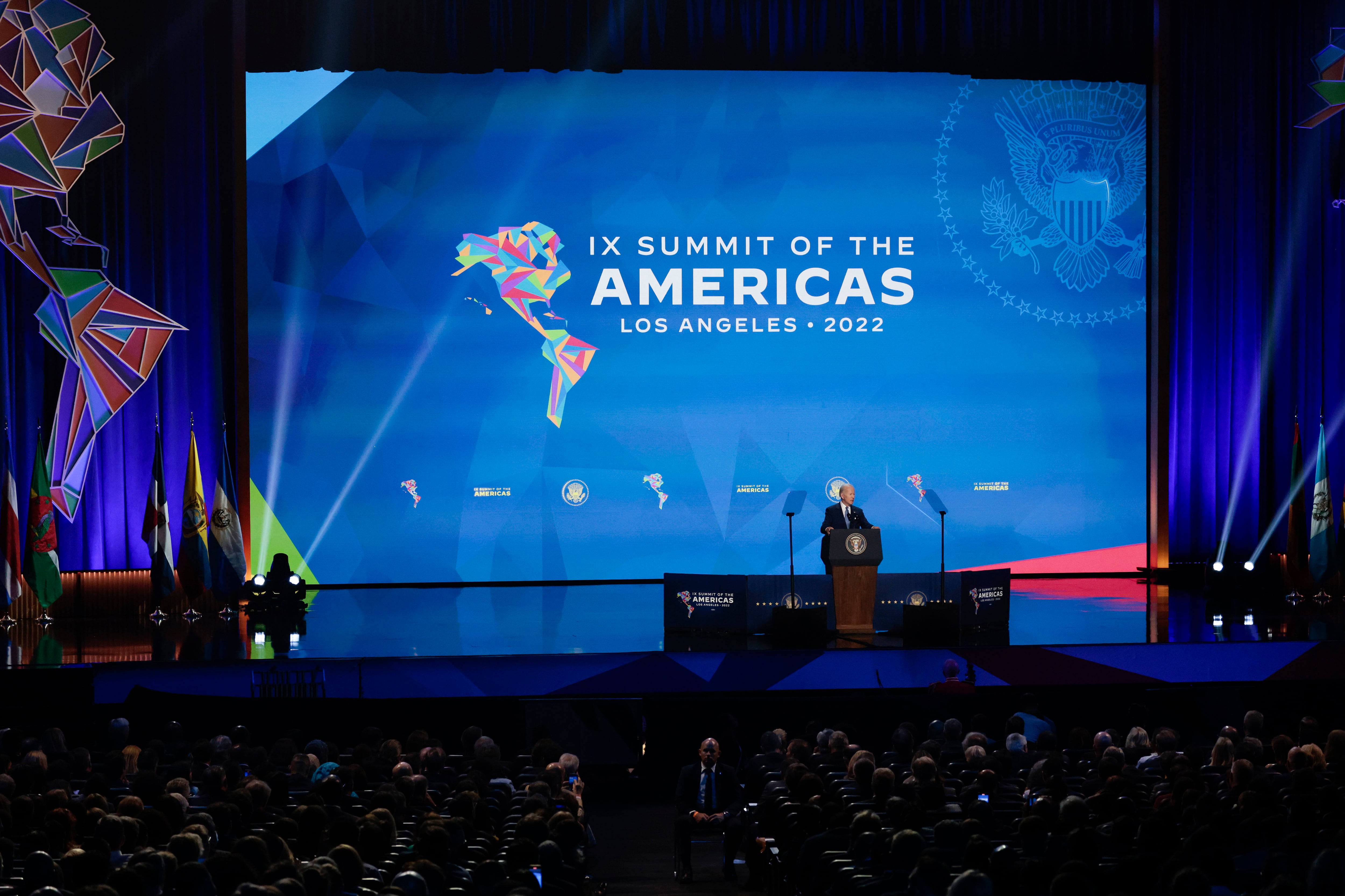 LOS ANGELES, CALIFORNIA - JUNE 08: U.S. President Joe Biden delivers remarks at the opening ceremonies of the IX Summit of the Americas at the Microsoft Theater on June 08, 2022 in Los Angeles, California. (Photo by Anna Moneymaker/Getty Images)
