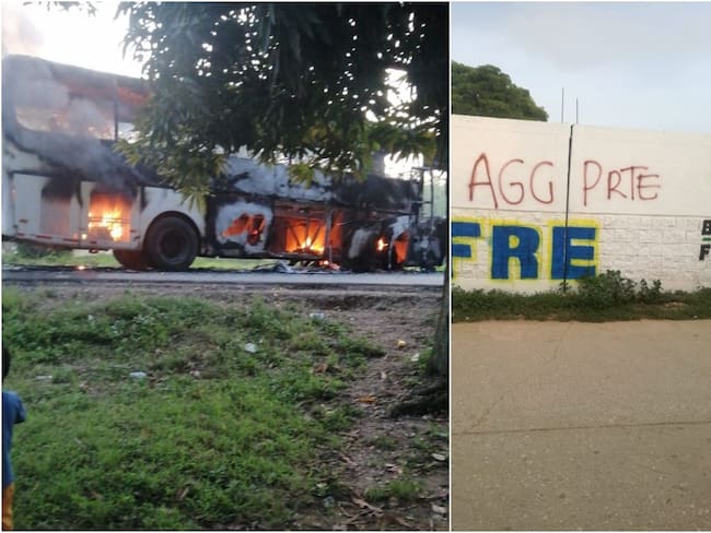 El vehículo fue incinerado por hombres encapuchados. Varios sectores del municipio fueron marcados con siglas de Autodefensas Gaitanistas de Colombia. Crédito: Cortesía.