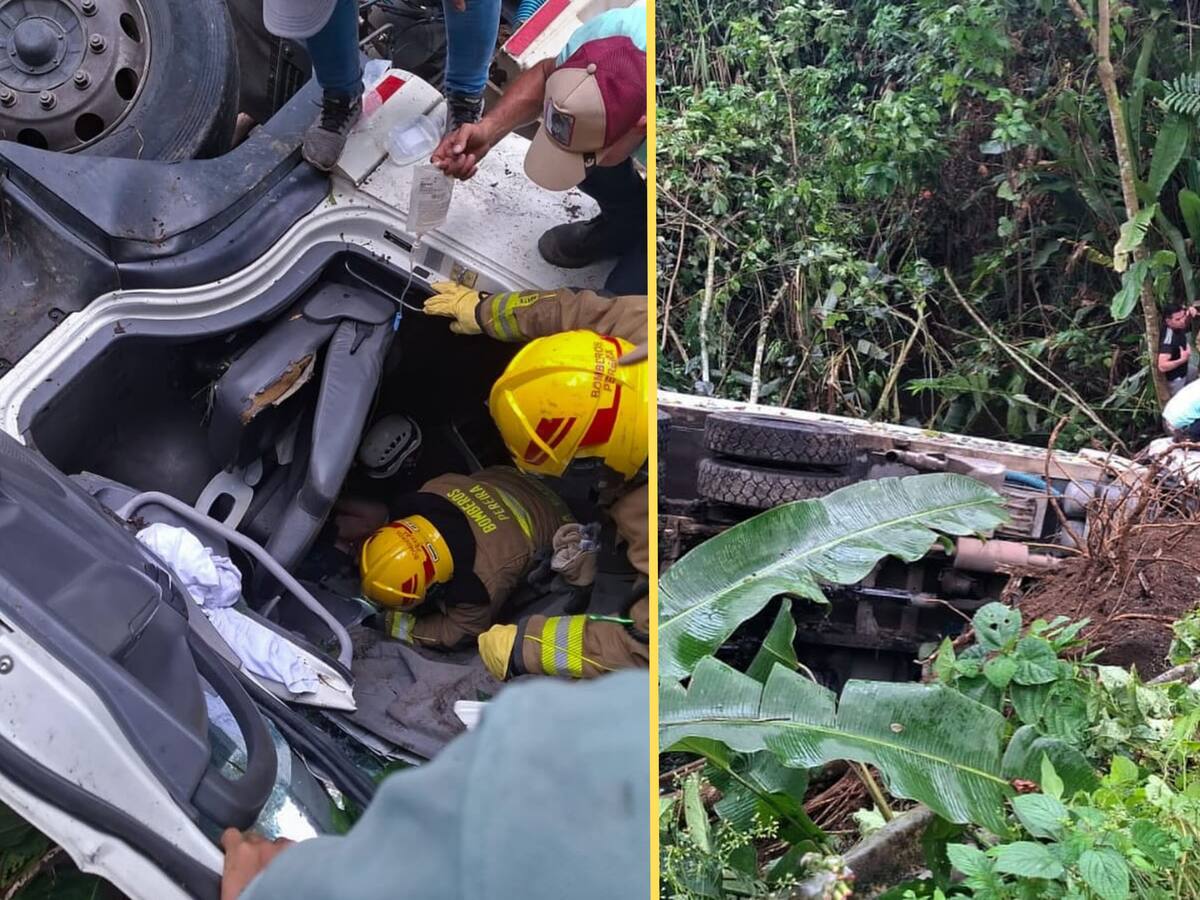 Conductor de camión recolector de basura quedó atrapado luego de caer a una cañada en Pereira