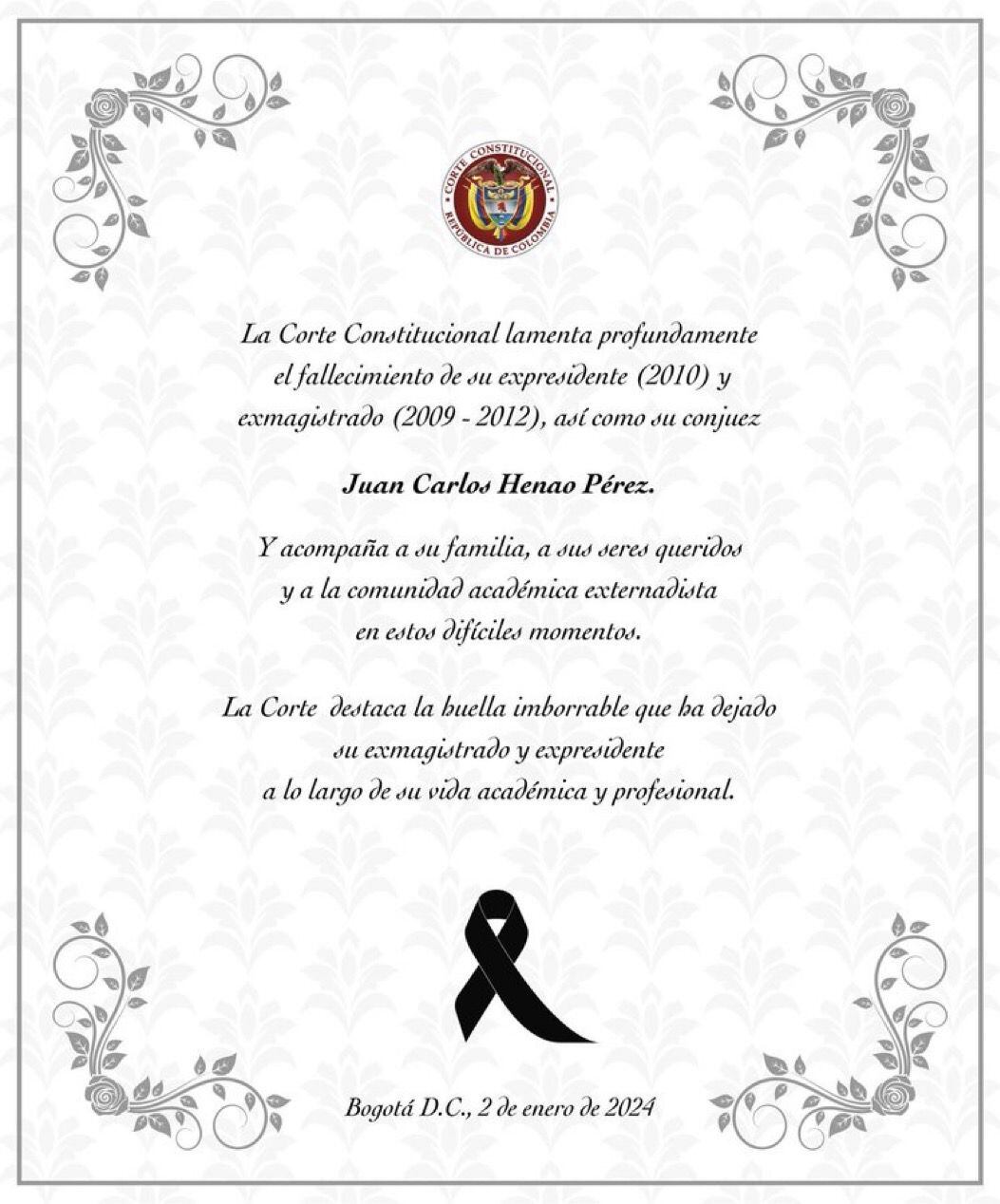 Carta de la Corte Constirucional a familia de Juan Carlos Henao