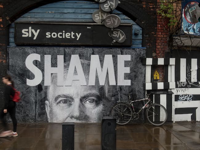 LONDON, ENGLAND - JULY 01: A mural of Prince Andrew, Duke of York is seen in Shoreditch on July 1, 2020 in London, England. The prince has come under increased scrutiny over his relationship with deceased sex offender Jeffrey Epstein and British socialite Ghislaine Maxwell, who was arrested by the FBI on July 2, 2020. (Photo by Guy Smallman/Getty Images)
