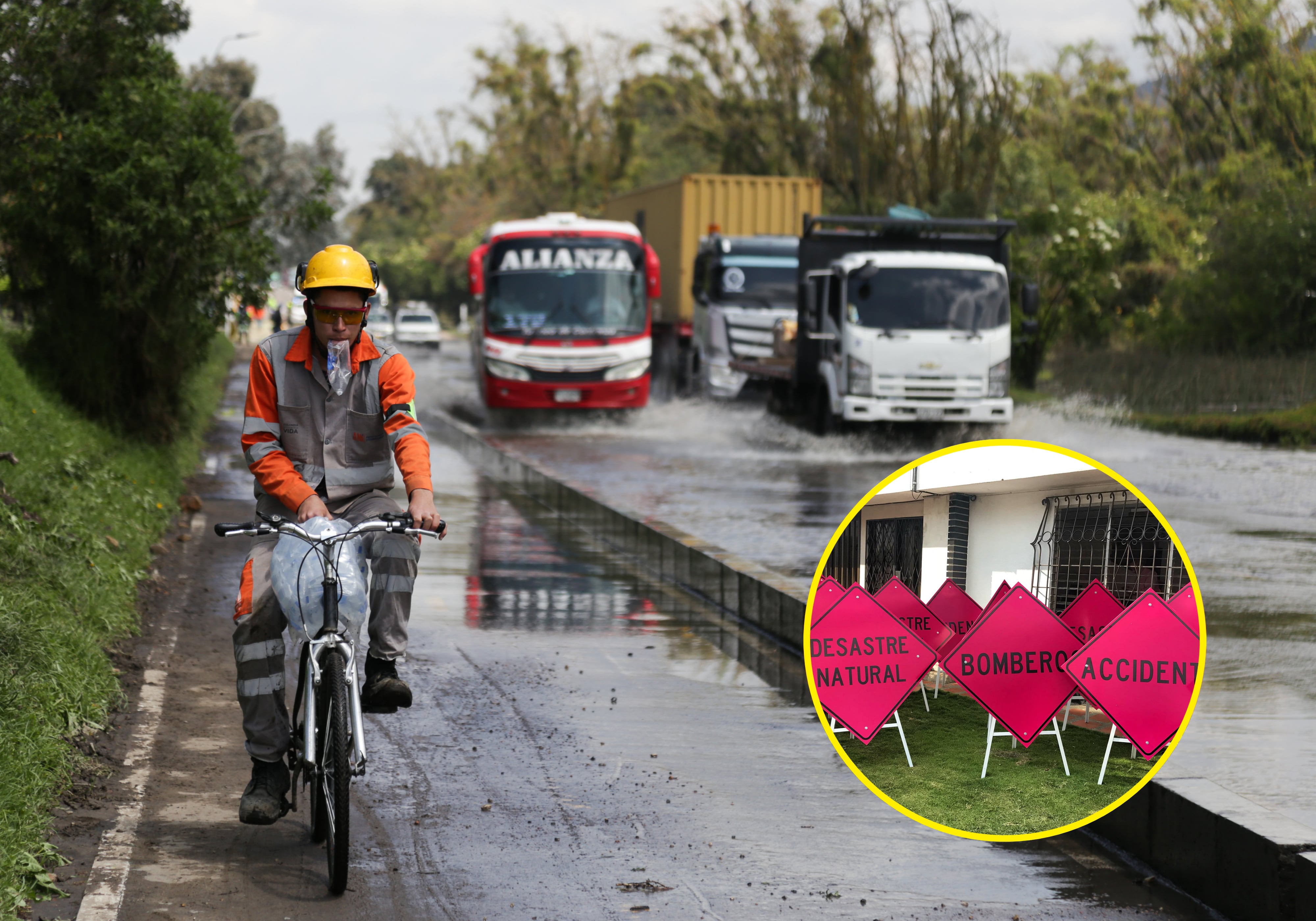 Inundación en la Autopista Norte y señalización rosada de tránsito para "eventos especiales". (Colprensa/Cristian Bayona y X/@HlServic)