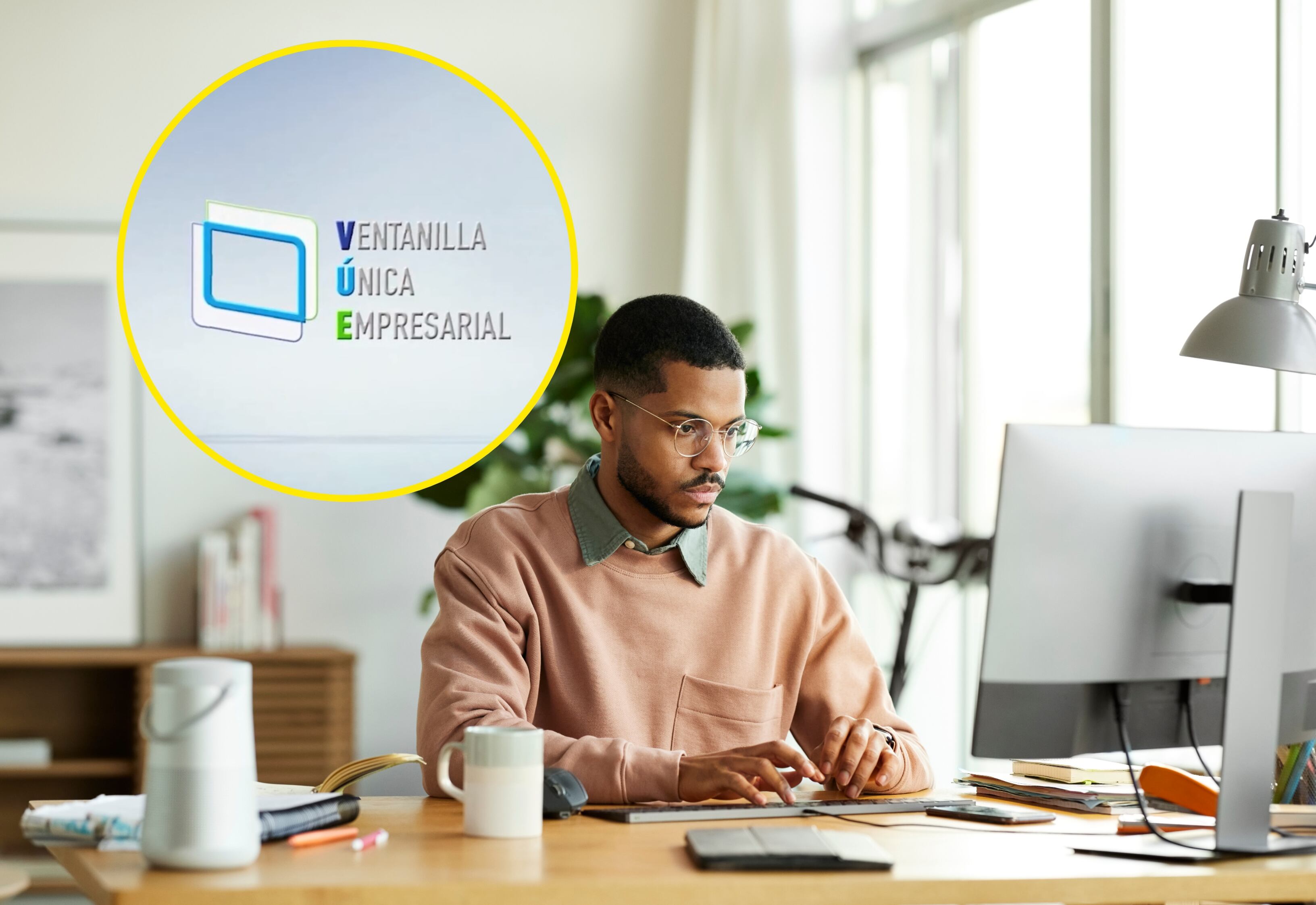 Referencia de persona inscribiendo su empresa y logo de VUE. Foto; Morsa Images vía Getty Images y página oficial de VUE. 