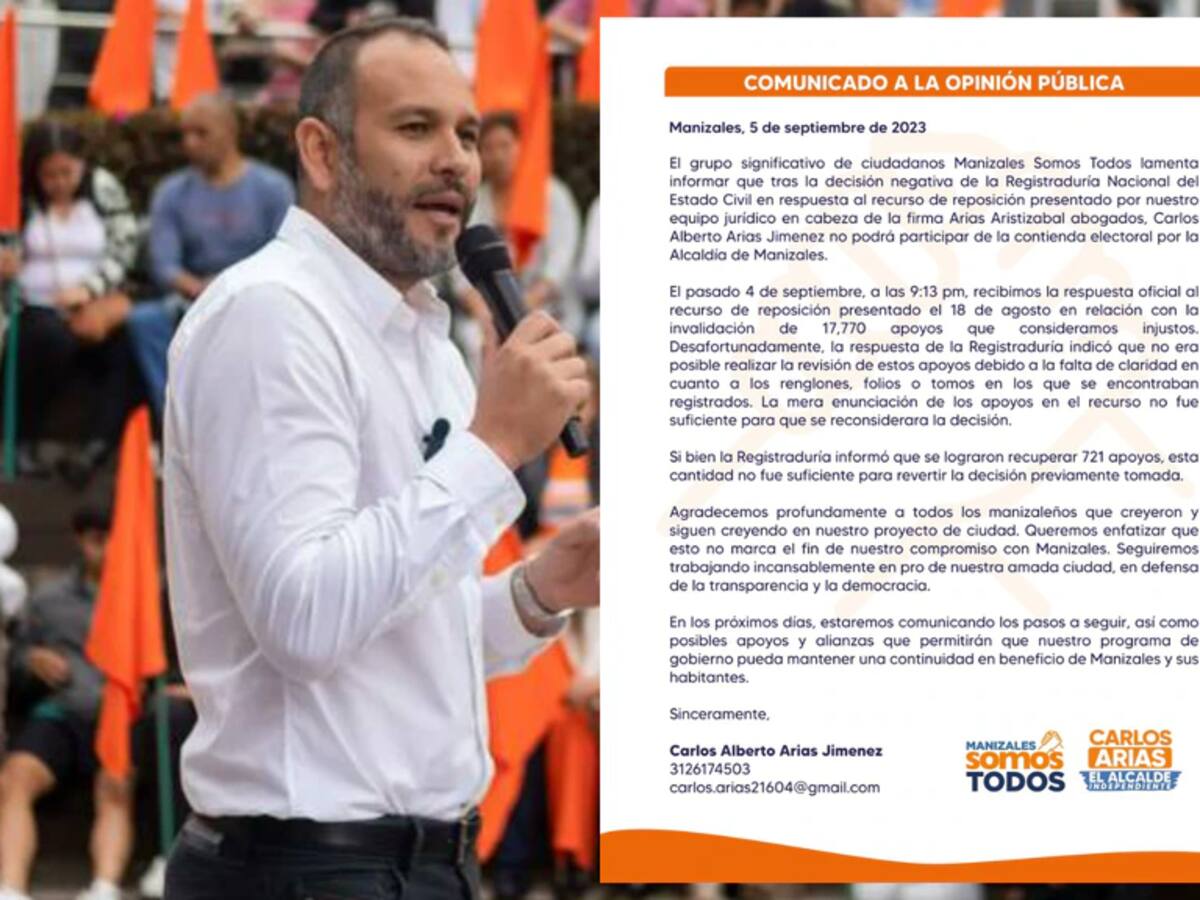 Registraduría rechaza recurso de reposición de candidato a la Alcaldía de Manizales
