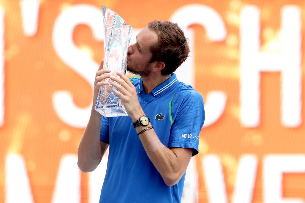 MIAMI GARDENS, FLORIDA - APRIL 02: Daniil Medvedev of Russia poses with the Butch Buchholz Trophy after defeating Jannik SInner of Italy during the Men's Final of the Miami Open at Hard Rock Stadium on April 02, 2023 in Miami Gardens, Florida. (Photo by Matthew Stockman/Getty Images)