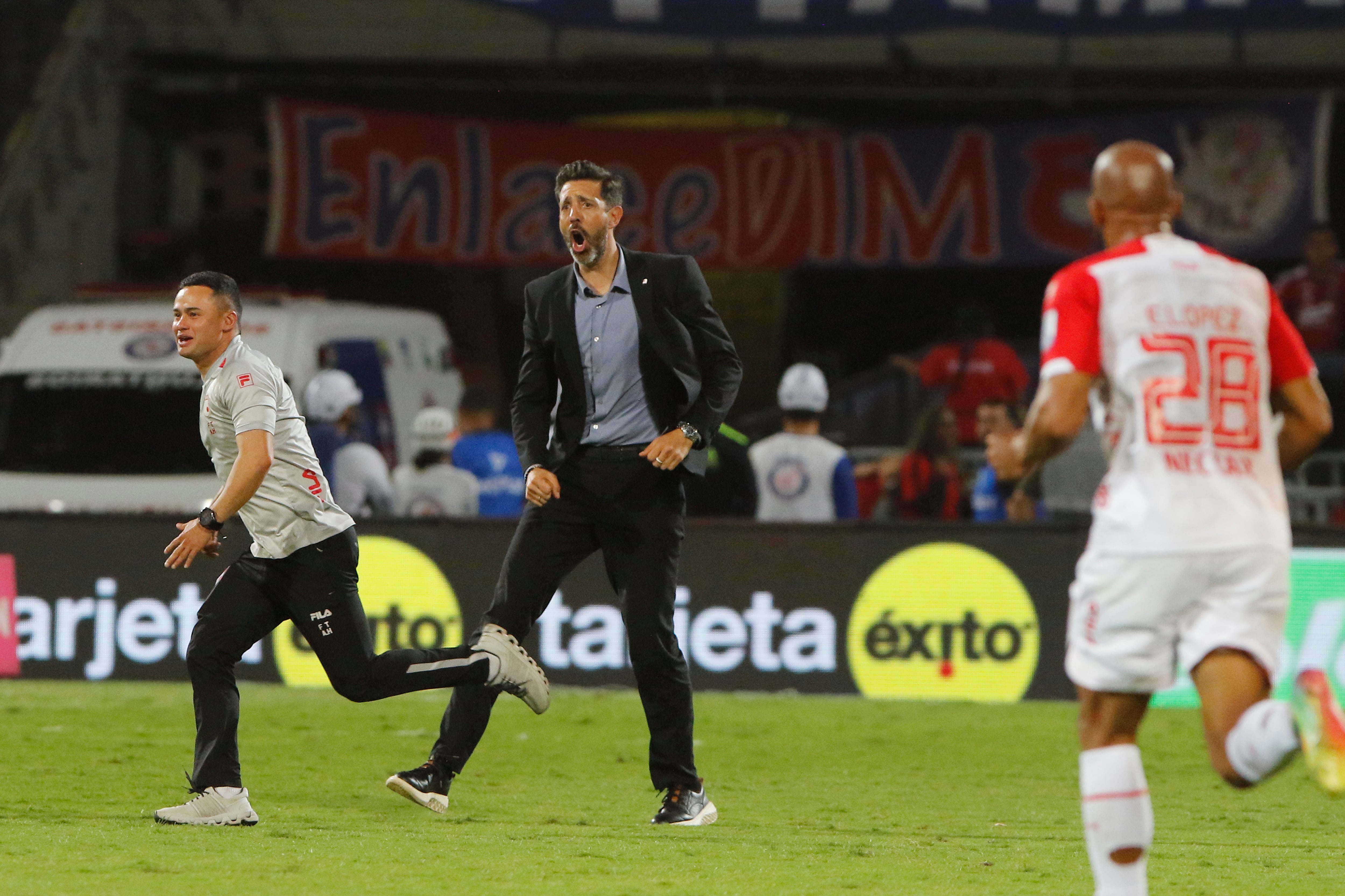 El entrenador de Santa Fe, Jorge Bava (c), celebra tras ganar el título de la Liga Colombiana este domingo, en el partido de vuelta de la final del la liga colombiana entre Deportivo Independiente Medellín e Independiente Santa Fe en el estadio Atanasio Girardot en Medellín (Colombia). EFE/ STR
