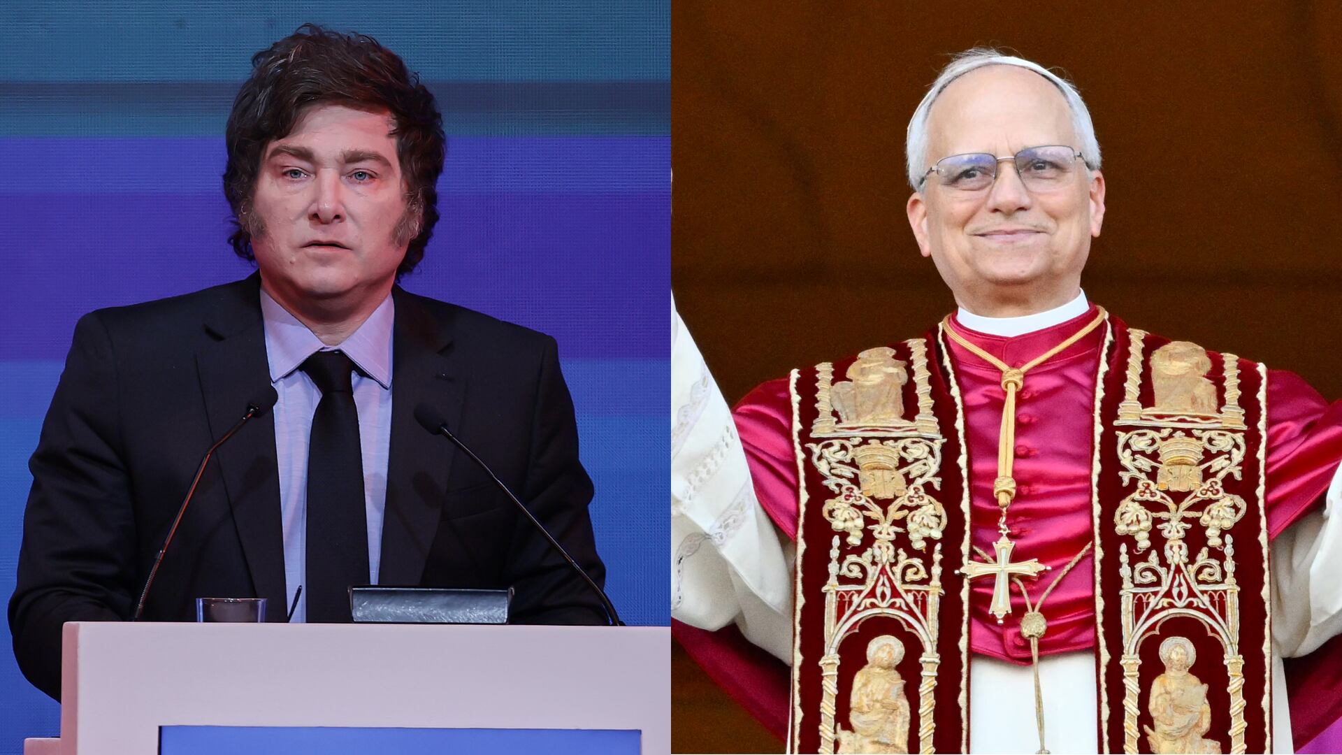 Papa Leon XIV.  Foto: ALBERTO PIZZOLI/AFP via Getty Images - Javier Milei. Foto:  Luciano Adan Gonzalez Torres/NurPhoto via Getty Images