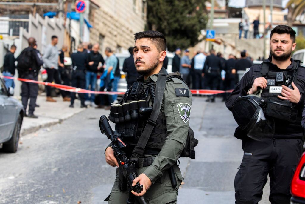 28 January 2023, Israel, Jerusalem: Police officers close the area of a shooting attack, where two Israeli shot and wounded in Silwan neighborhood a day after deadly attack on a synagogue. Photo: Ilia Yefimovich/dpa (Photo by Ilia Yefimovich/picture alliance via Getty Images)