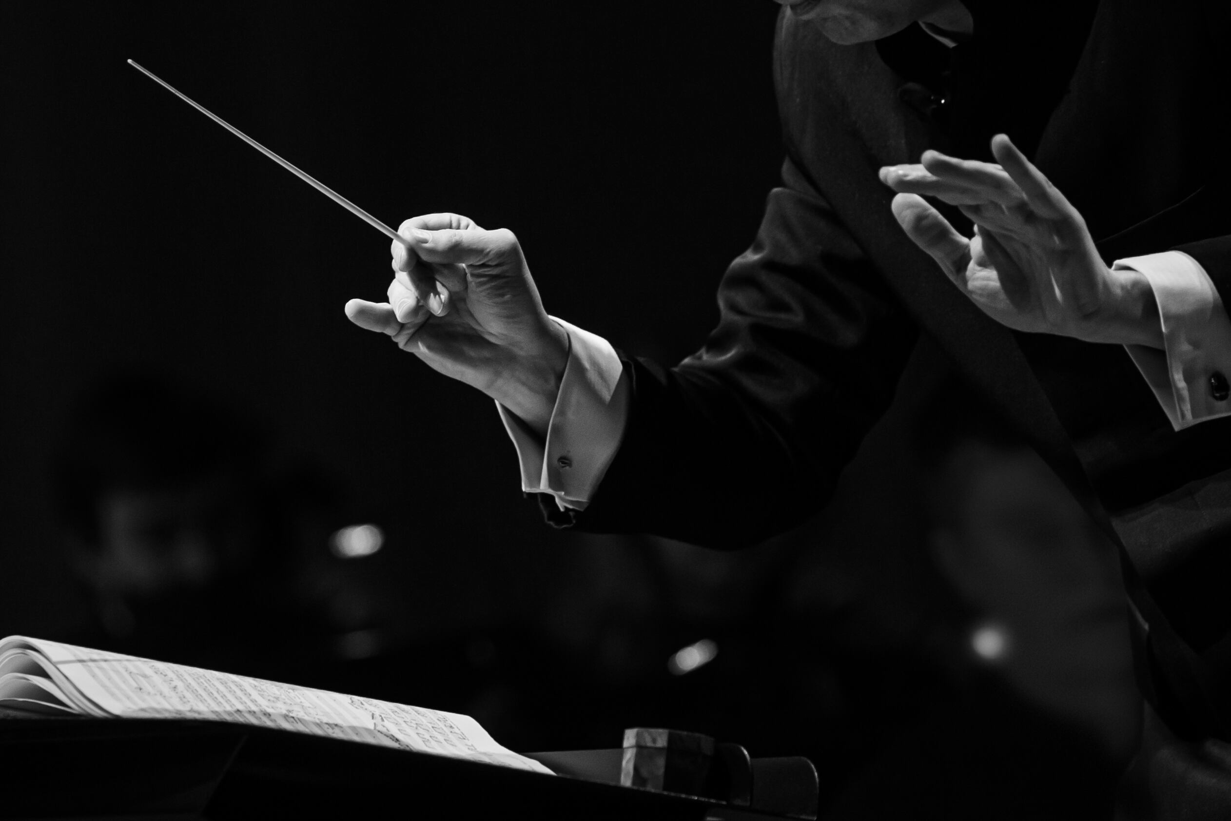 Hands of a conductor of a symphony orchestra close-up in black and white