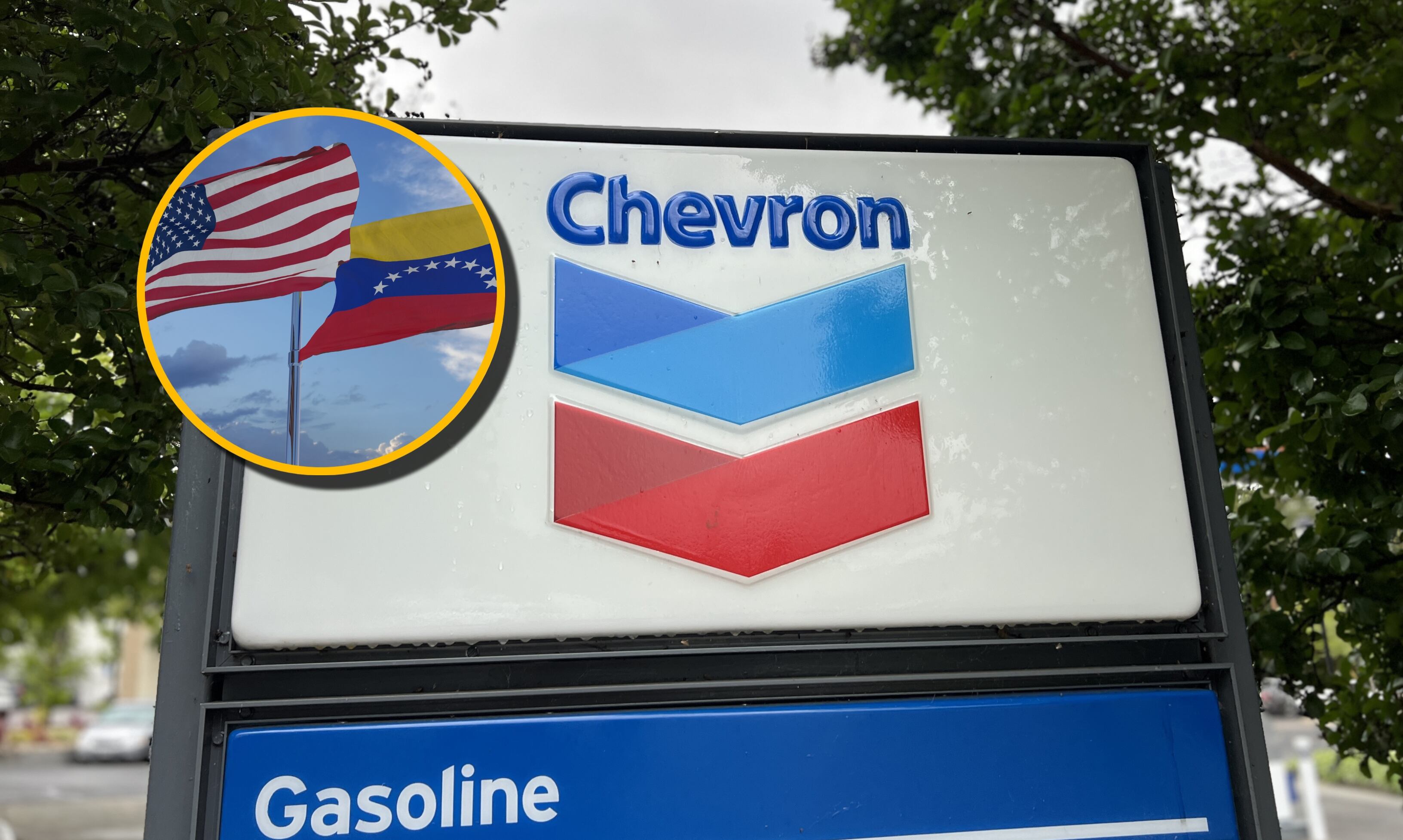 Chevron y banderas de Colombia y EE.UU. Foto:  Smith Collection/Gado y themnotioncloud vía Getty Images. 