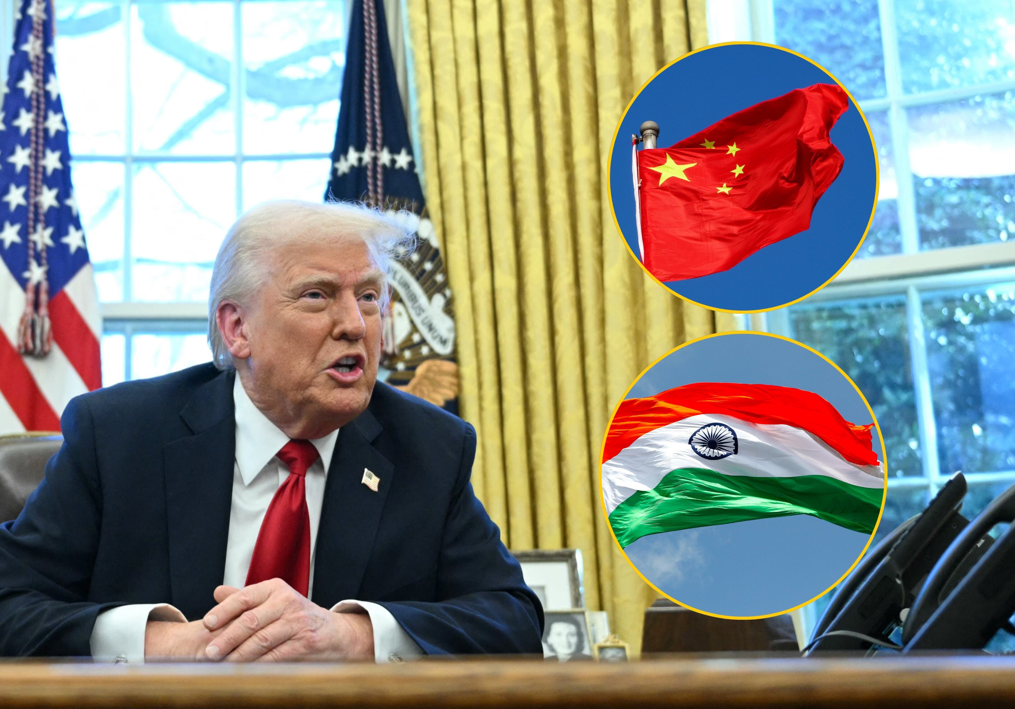 Donald Trump y las banderas de China e India. Foto: cortesía MANDEL NGAN/AFP via Getty Images / peng song / RBB