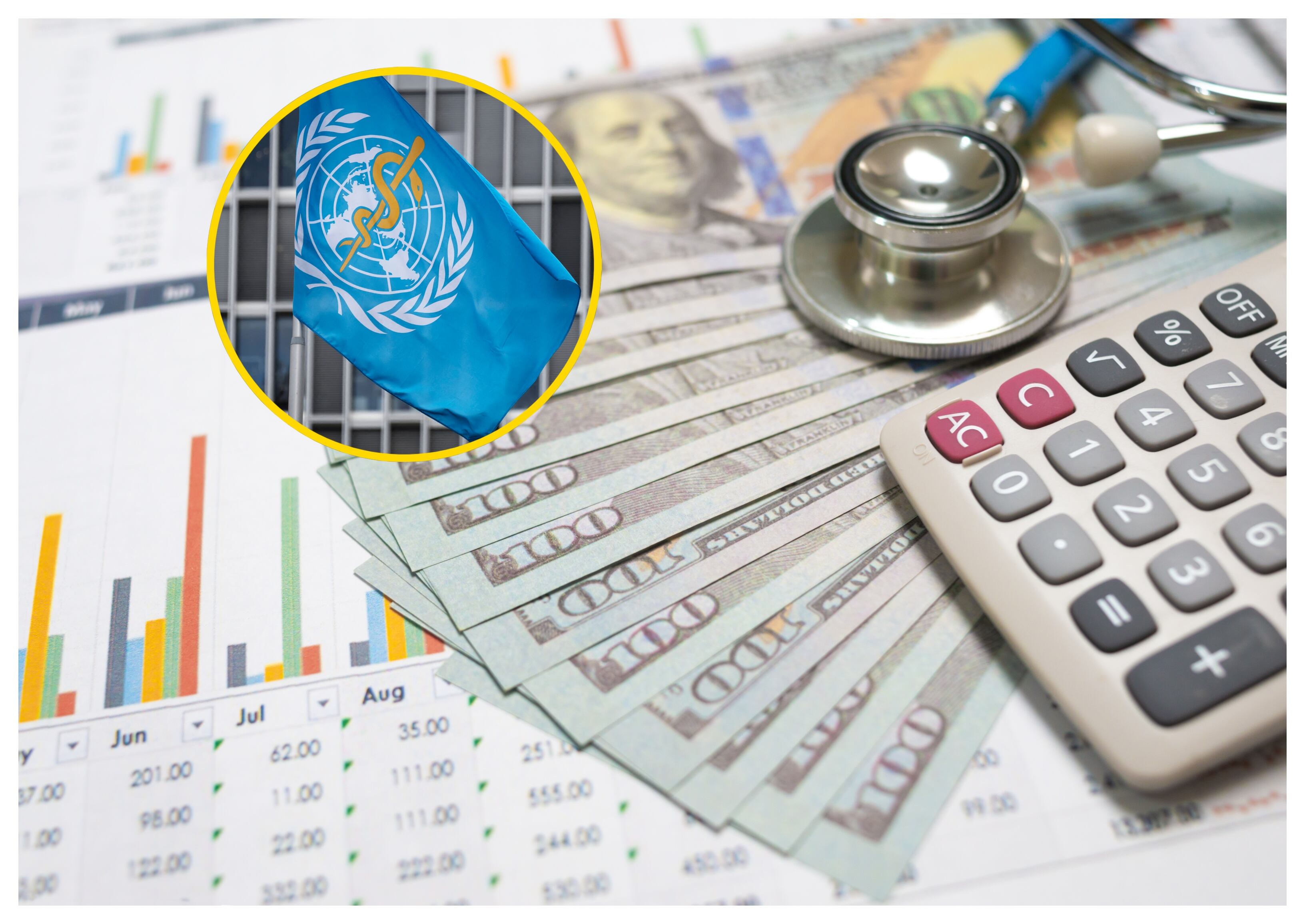Bandera de OMS y referencia de presupuesto. Foto: FABRICE COFFRINI/AFP y krisanapong detraphiphat vía Getty Images.