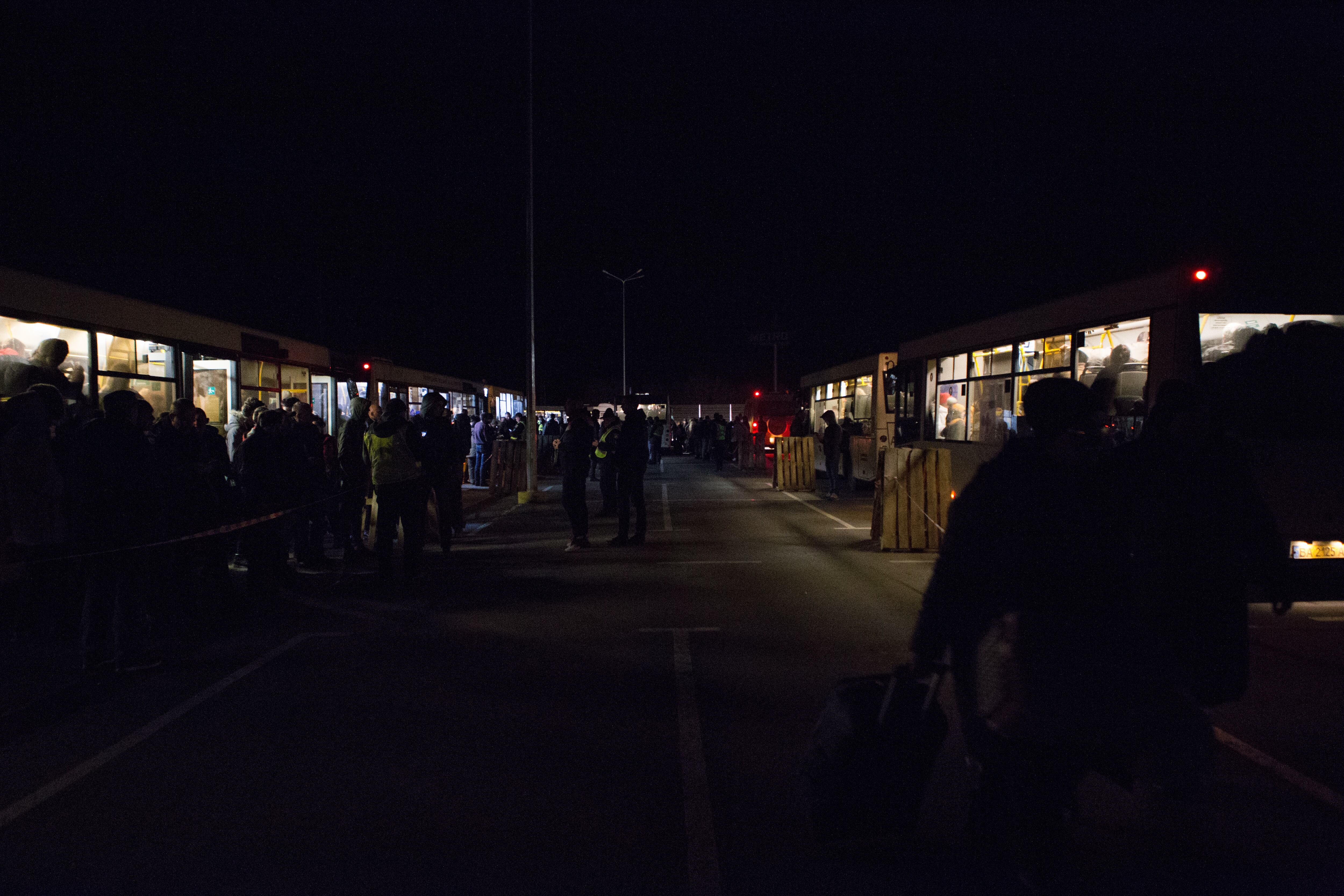 ZAPORIZHZHIA, UKRAINE - APRIL 01: Humanitarian convoy with 42 buses arrive at a refugee hub in Zaporizhzhia from Mariupol after 42 hours evacuation process in Zaporizhzhia, Ukraine on April 01, 2022. (Photo by Andrea Carrubba/Anadolu Agency via Getty Images)