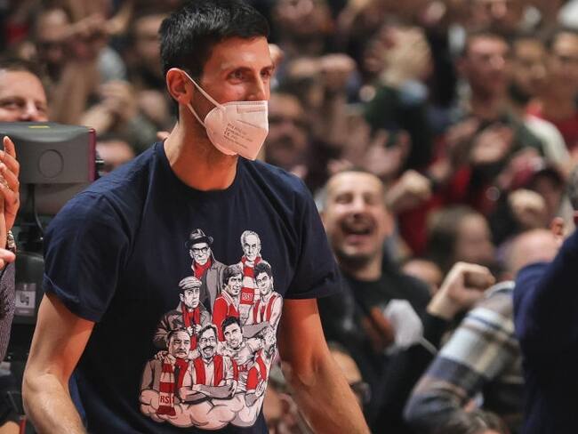 BELGRADE, SERBIA - DECEMBER 14: Novak Djokovic reacts during the Turkish Airlines EuroLeague Regular Season Round 15 match between Crvena Zvezda mts Belgrade and FC Barcelona at Aleksandar Nikolic Hall on December 14, 2021 in Belgrade, Serbia. (Photo by Srdjan Stevanovic/Euroleague Basketball via Getty Images)