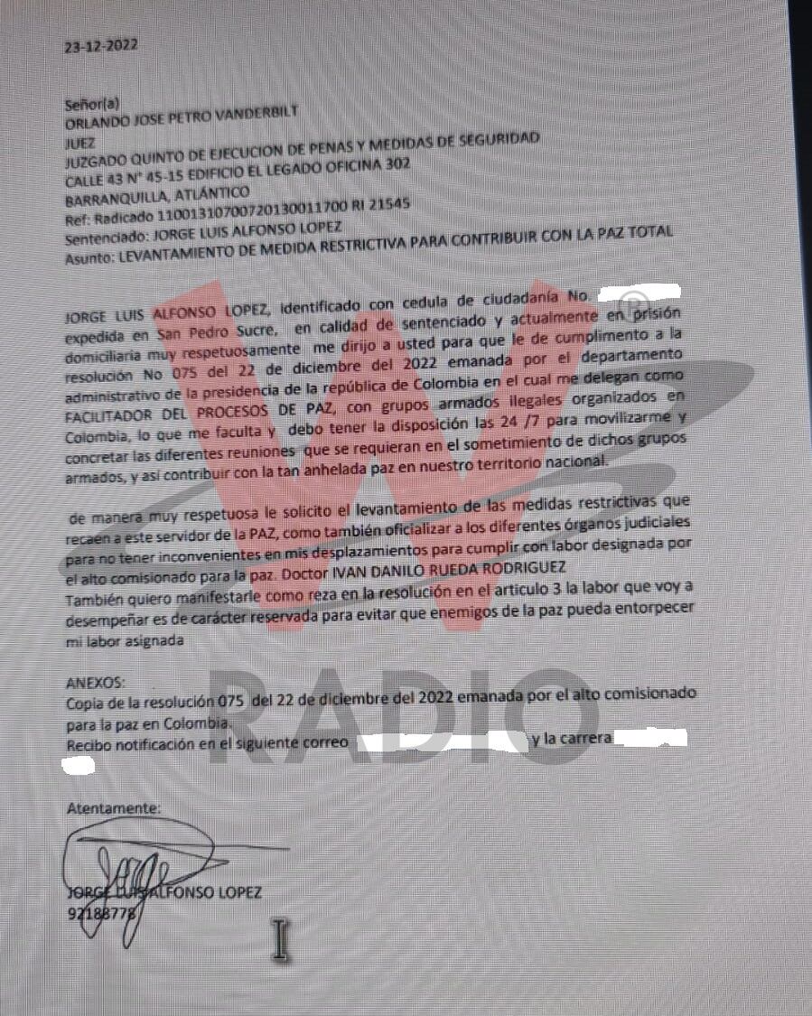 Oficio con el que Jorge Luis Alfonso López, alias 'El Gatito', solicitó al juez quinto de Ejecución de Penas y Medidas de Seguridad de Barranquilla que le otorgara la libertad.