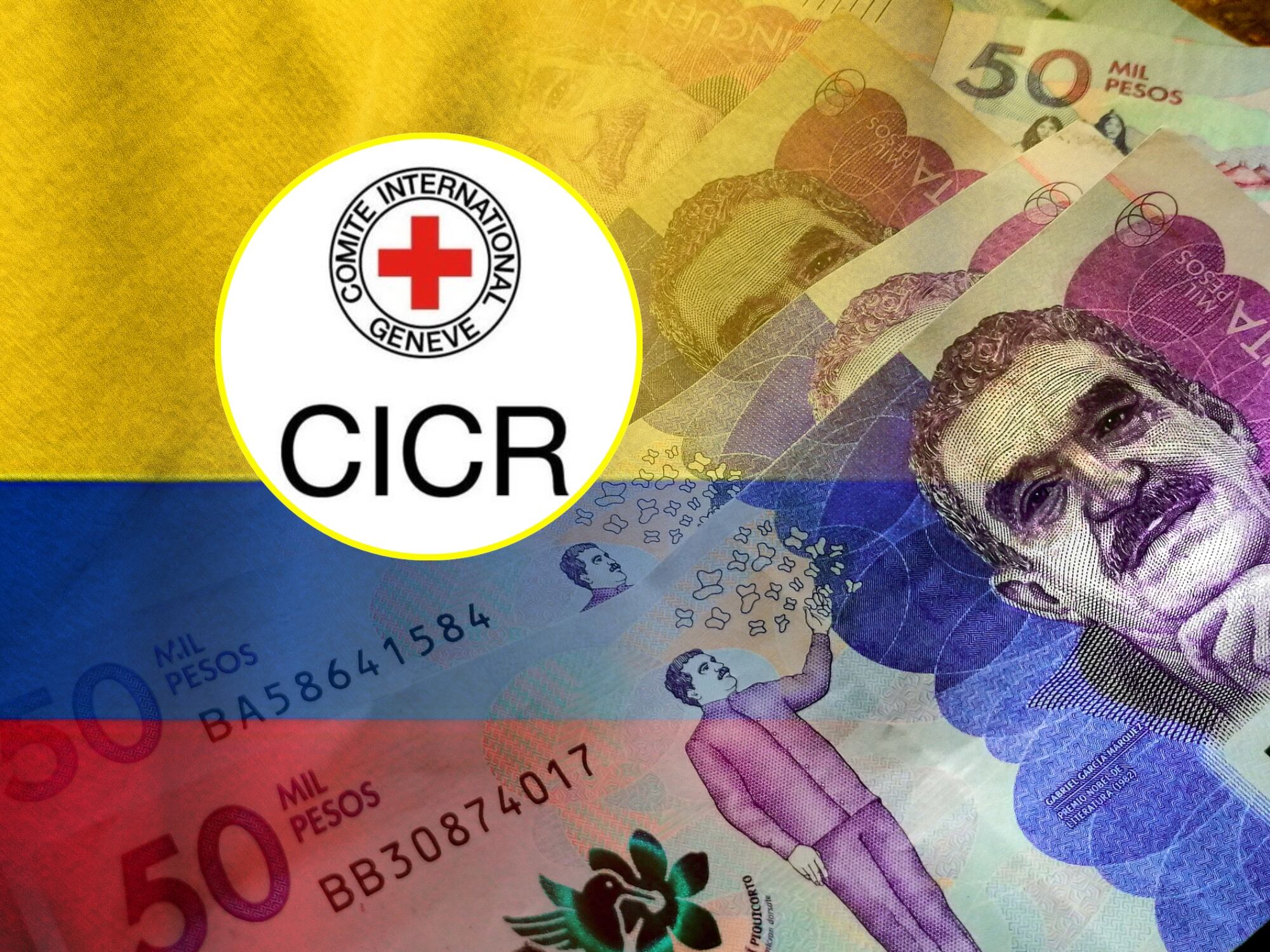 Logo Cruz Roja Internacional e imagen de referencia de economía Colombi. Fotos: X @CICR_co / Getty Images
