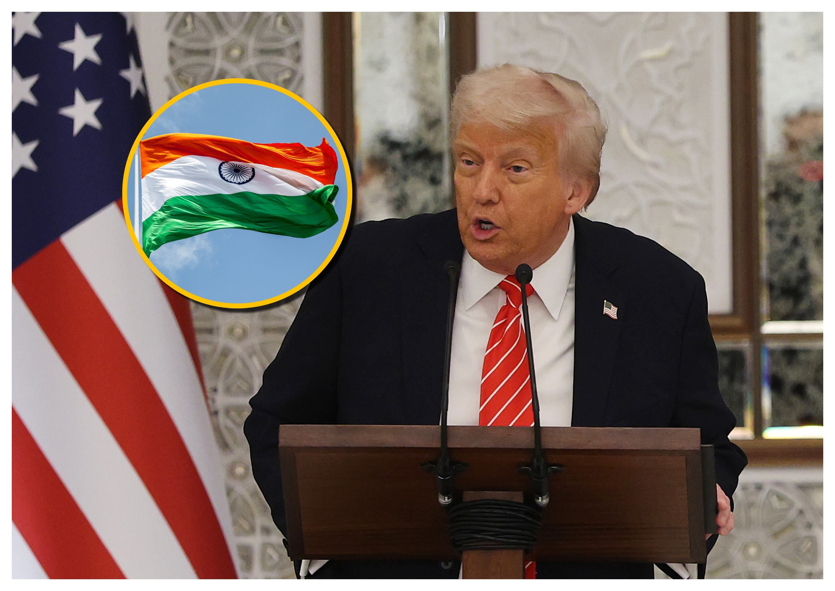 Donald Trump y bandera de la India. Foto: Win McNamee/Getty Images