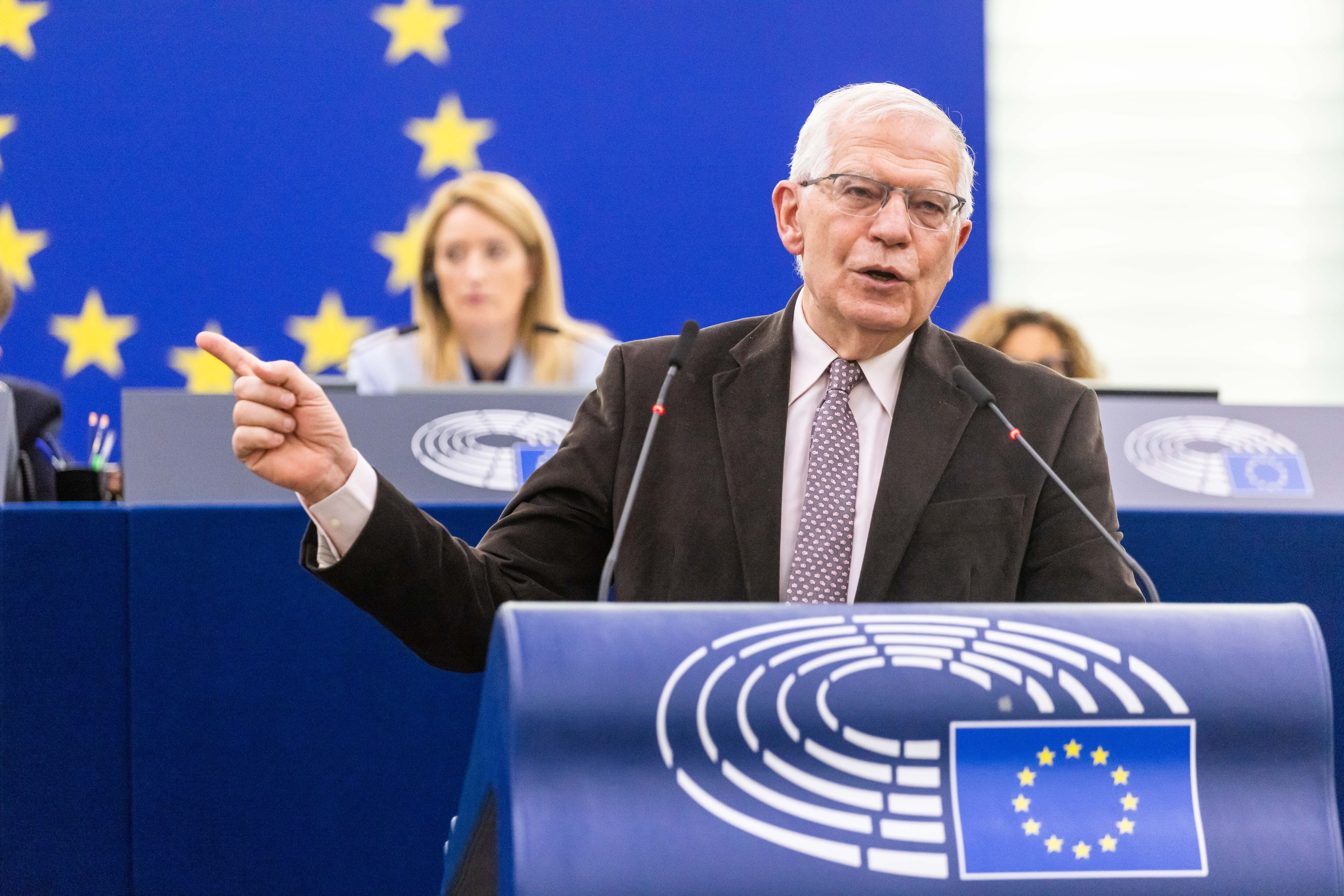 06 April 2022, France, Straßburg: Josep Borrell (PSC), EU High Representative for Foreign Affairs and Security Policy and Vice President of the European Commission, speaks at the plenary session of the European Parliament. The agenda includes debates on the latest decisions of the EU summit of March 24 and 25, as well as the sanctions directed against Russia and Russia's cooperation with right-wing extremists and separatists in Europe. Photo: Philipp von Ditfurth/dpa (Photo by Philipp von Ditfurth/picture alliance via Getty Images)