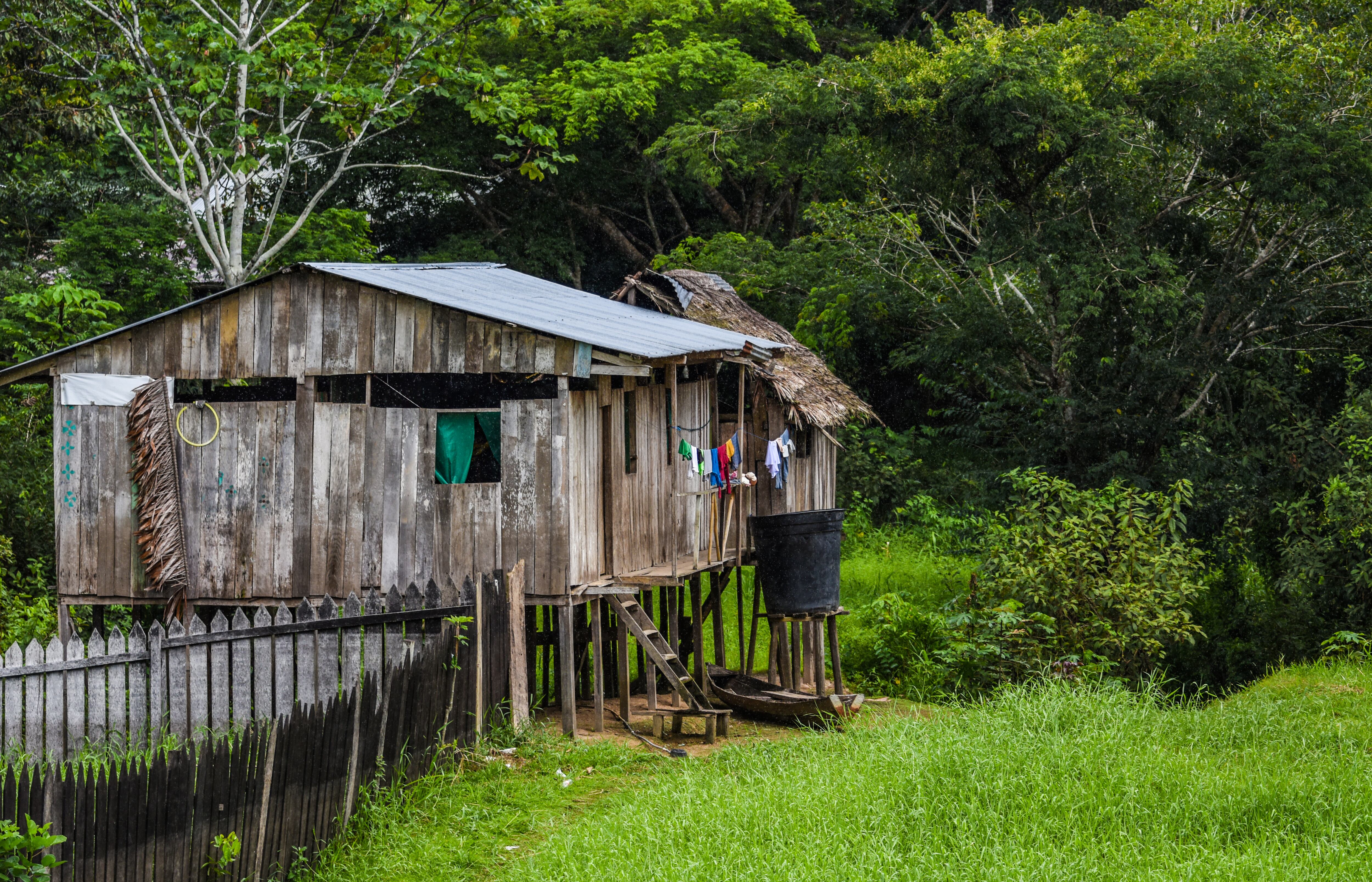 Wooden house on stilts infant of lush granary jungle with a clothes drying on a rope on the side of the house. Photo: Getty Images