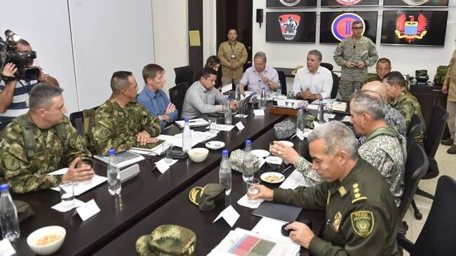 En esta reunión con el presidente Iván Duque hizo presencia el ministro de Defensa, Guillermo Botero, altos mandos militares, altos consejeros presidenciales y comandantes regionales. Foto: Presidencia