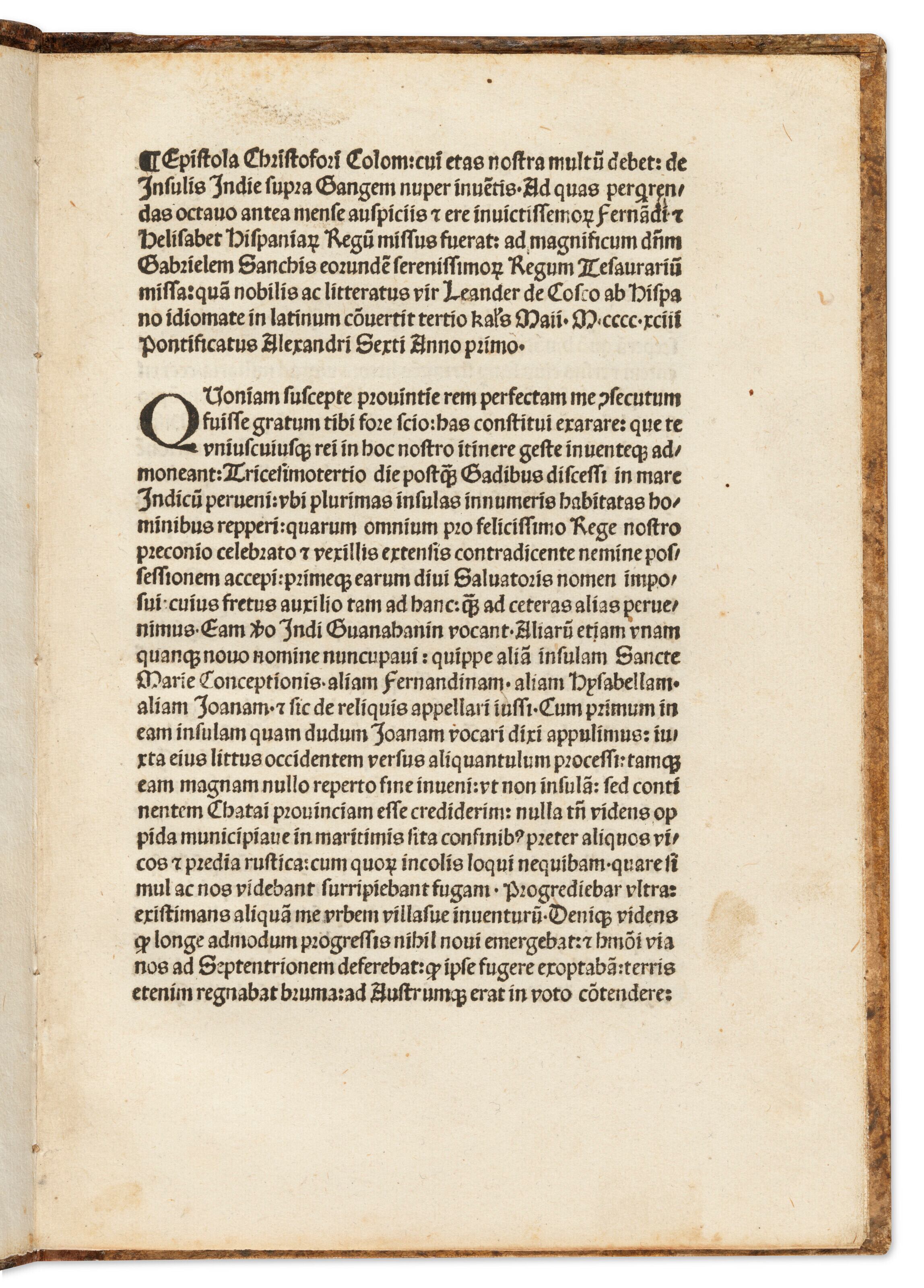 Fotografía cedida por Christie's donde se muestra una de las cuatro páginas que conforman la epístola conocida como "De insulis nuper inventus" (De las islas recién descubiertas), también conocida como "la carta de Colón". Una carta firmada por Cristóbal Colón en 1493, en la que da cuenta de sus descubrimientos tras su primer viaje a América ha sido vendida hoy en una subasta en la casa Christie's de Nueva York por 3,92 millones de dólares, muy por encima de la estimación de salida, que estaba entre 1 y 1,5 millones. Foto: EFE/Christie's