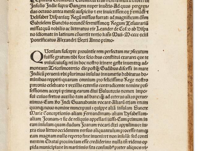 Fotografía cedida por Christie's donde se muestra una de las cuatro páginas que conforman la epístola conocida como "De insulis nuper inventus" (De las islas recién descubiertas), también conocida como "la carta de Colón". Una carta firmada por Cristóbal Colón en 1493, en la que da cuenta de sus descubrimientos tras su primer viaje a América ha sido vendida hoy en una subasta en la casa Christie's de Nueva York por 3,92 millones de dólares, muy por encima de la estimación de salida, que estaba entre 1 y 1,5 millones. Foto: EFE/Christie's