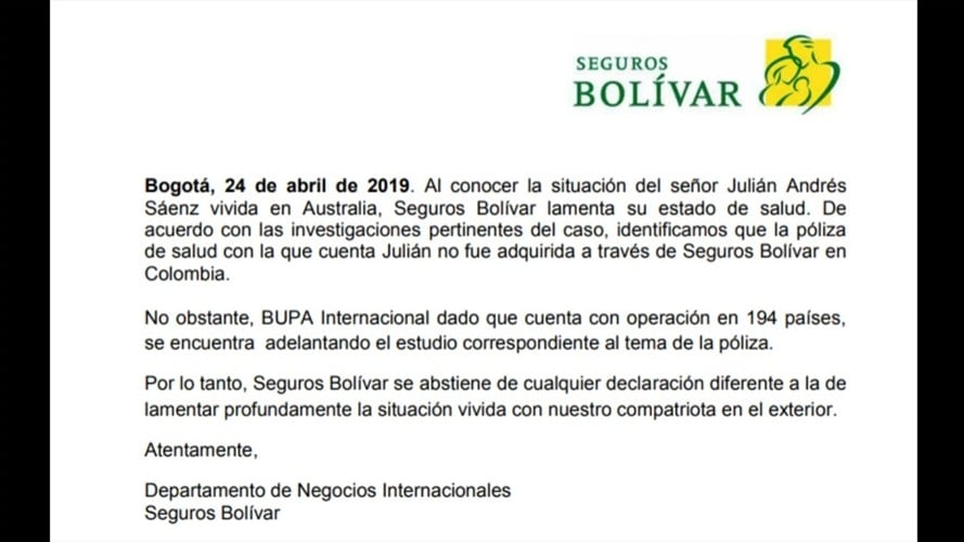 Respuesta de seguros bolívar en el caso de Saenz. Foto: La WCon Vicky Dávila