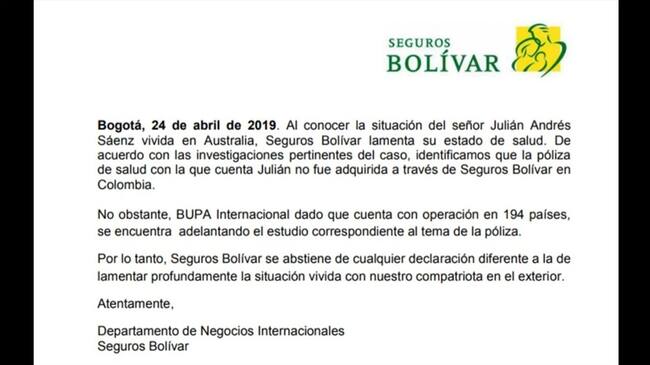 Respuesta de seguros bolívar en el caso de Saenz. Foto: La WCon Vicky Dávila