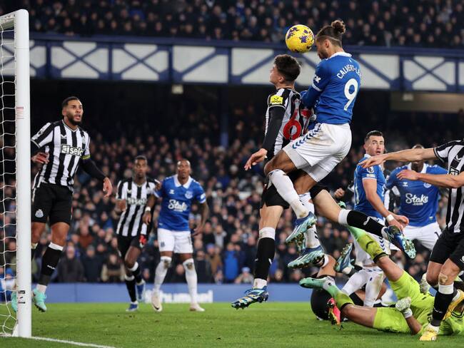 LIVERPOOL, ENGLAND - DECEMBER 07: Dominic Calvert-Lewin of Everton heads at goal during the Premier League match between Everton FC and Newcastle United at Goodison Park on December 07, 2023 in Liverpool, England. (Photo by Jan Kruger/Getty Images)