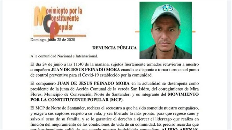 La ONU alerta por presunto secuestro de líder comunal en el Catatumbo. Foto: Cortesía