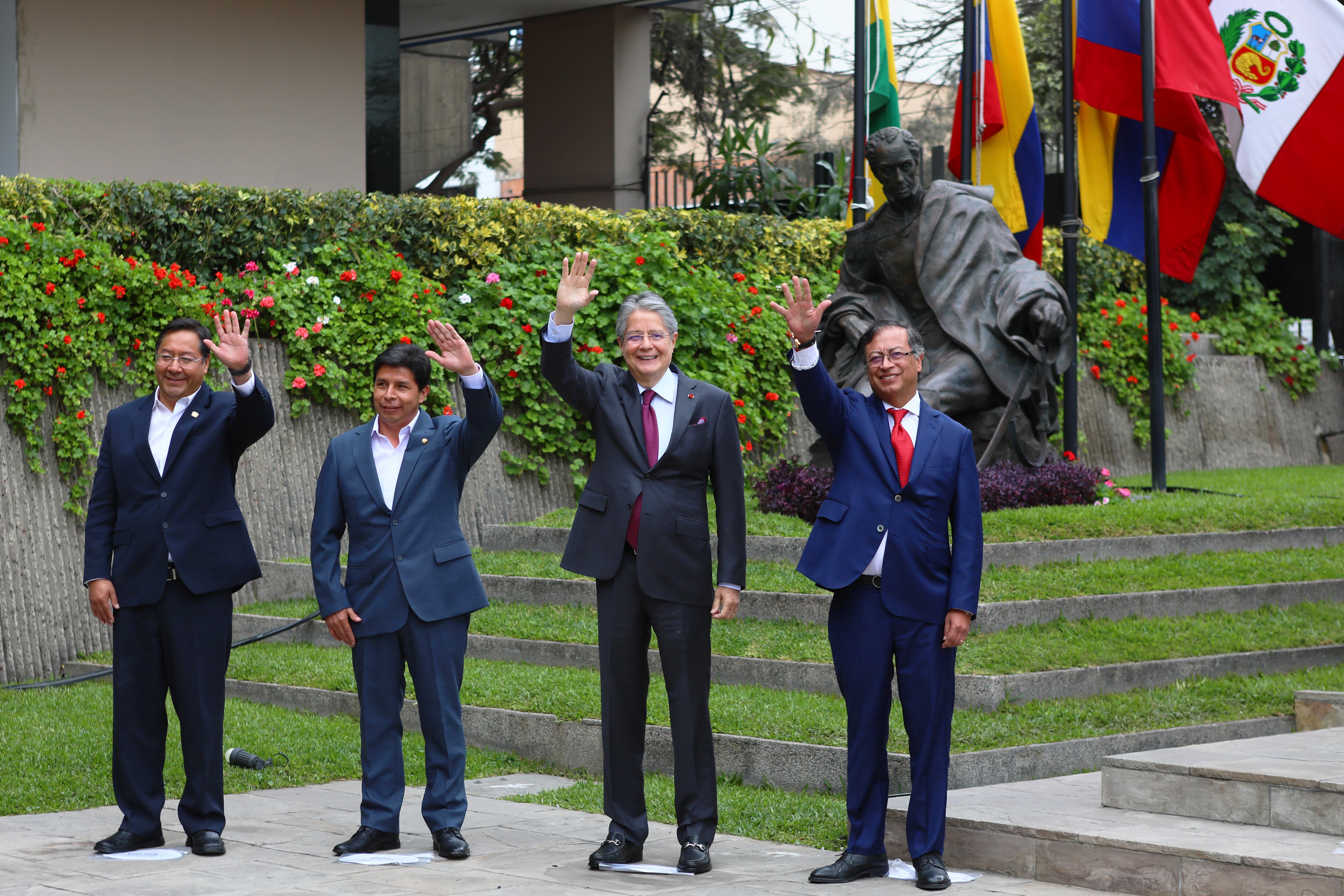Los presidentes de los países de la Comunidad Andina de Naciones, Luis Arce, de Bolivia; Pedro Castillo, de Perú; Guillermo Lasso, de Ecuador, y Gustavo Petro, de Colombia, en Lima, Perú, el 29 de agosto de 2022.