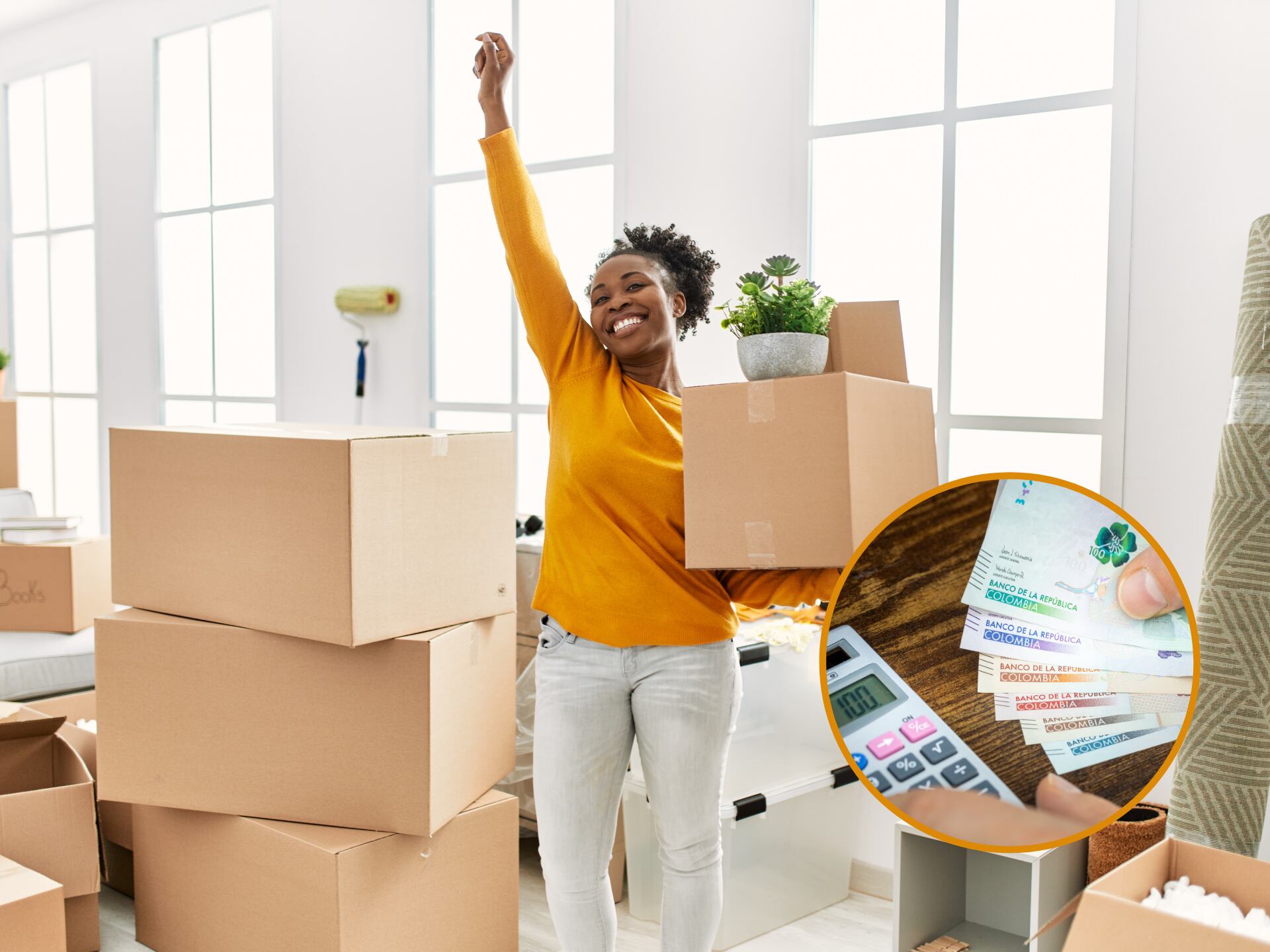 Mujer con cajas mudándose de apartamento. En el círculo, la imagen de billetes colombianos y una persona con calculadora haciendo presupuesto (Fotos vía GettyImages)
