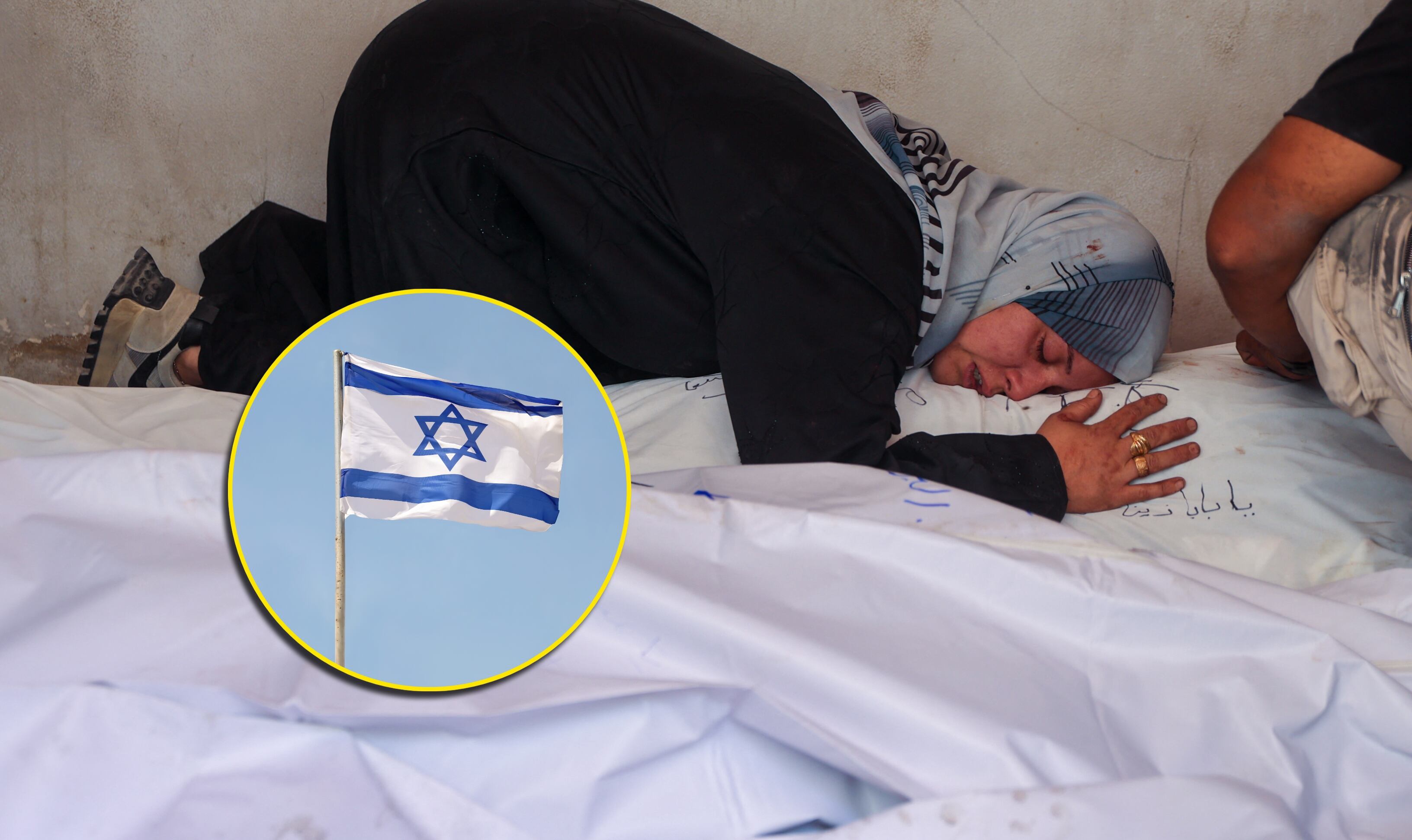 Ataque en Hospital Bautista en Ciudad de Gaza y bandera de Israel. Foto: Nick Brundle Photography y OMAR AL-QATTAA/AFP via Getty Images. 