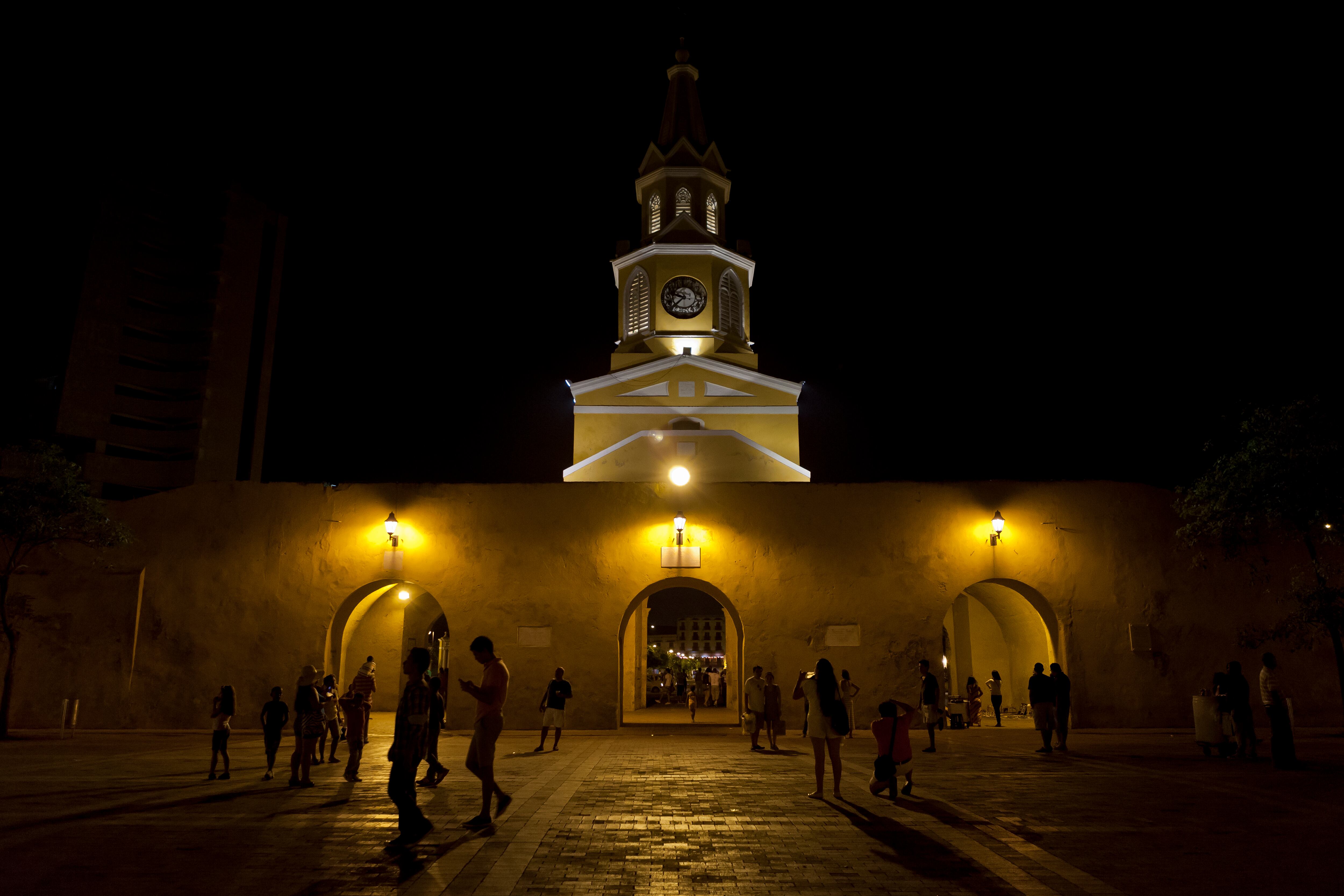 "Torre del Reloj" or Clock tower at night in Cartagena, Colombia