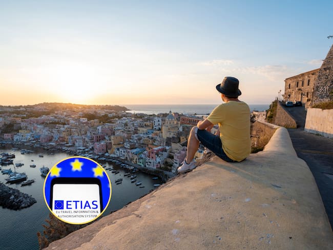 Hombre en mirando el horizonte en Nápoles, Italia. En el círculo, la imagen de ETIAS / Fotos: GettyImages
