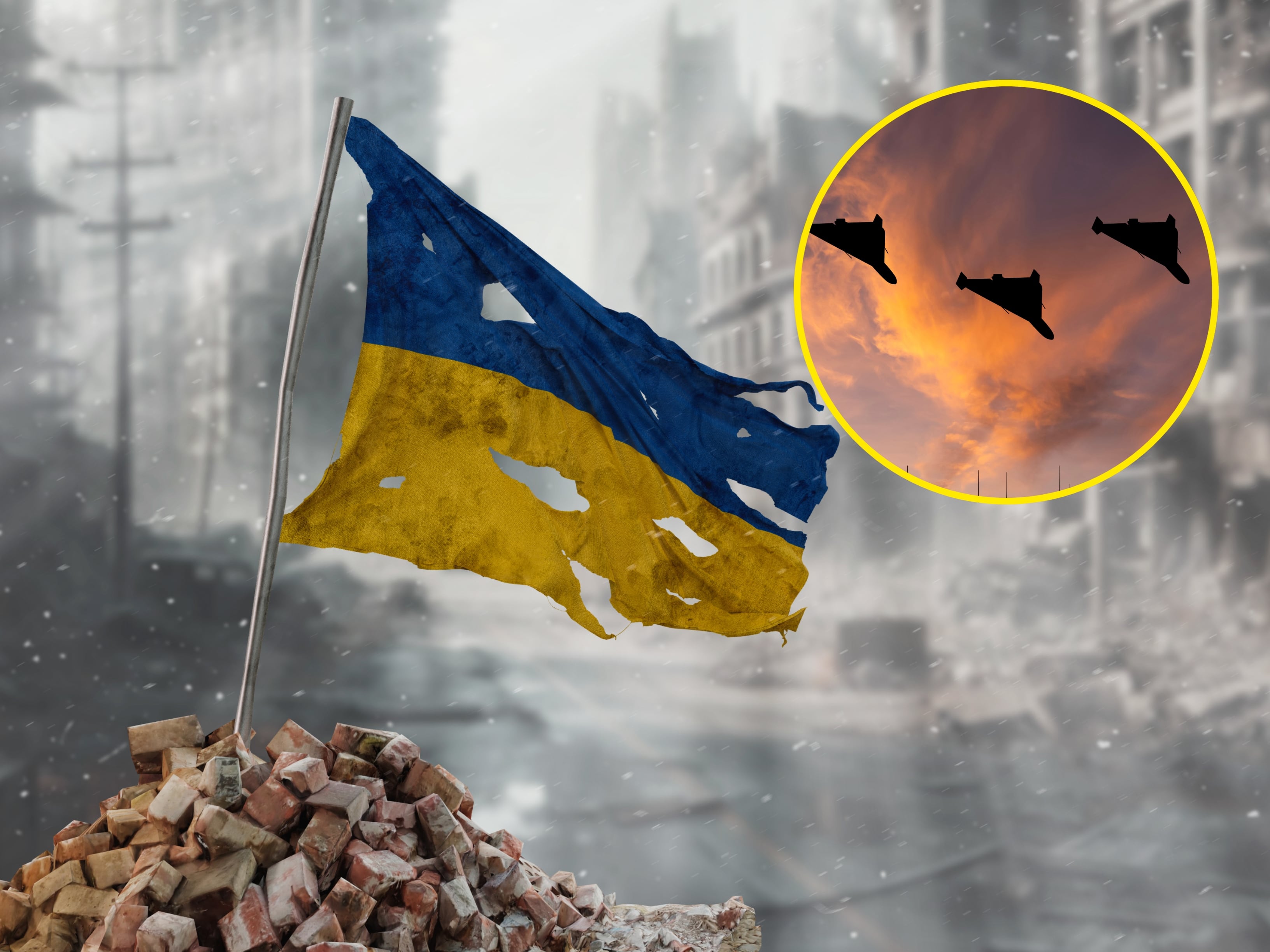 Referencia de Ucrania afectada por la guerra y drones rusos. Foto: TexBr y Anton Petrus vía Getty Images. 