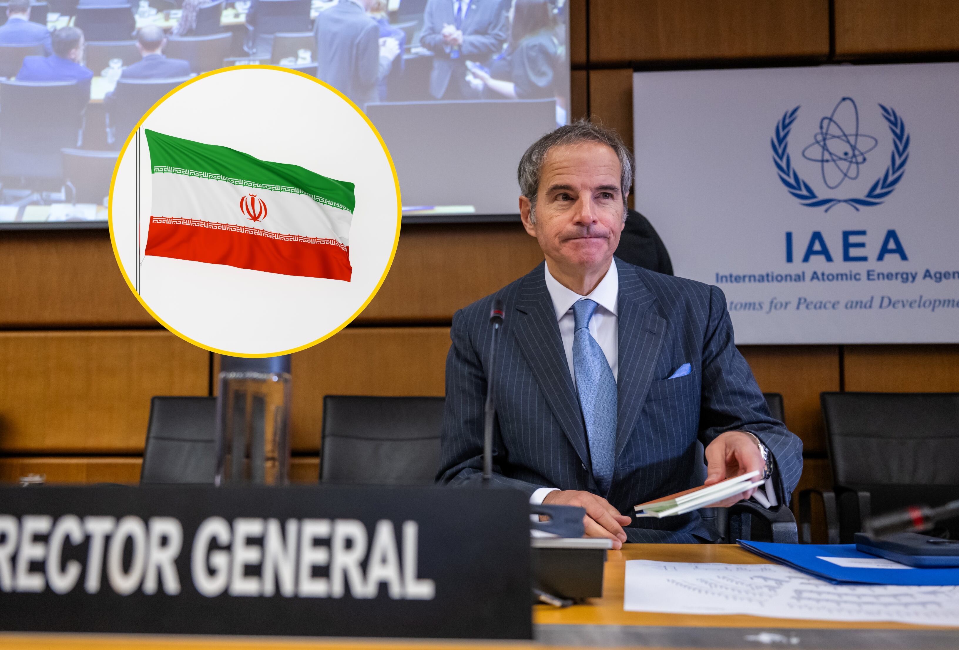 Jefe del Organismo Internacional de Energía Atómica (OIEA), Rafael Grossi, y bandera de Irán. Foto: Christian Bruna/ Wong Yu Liang/ Getty Images.