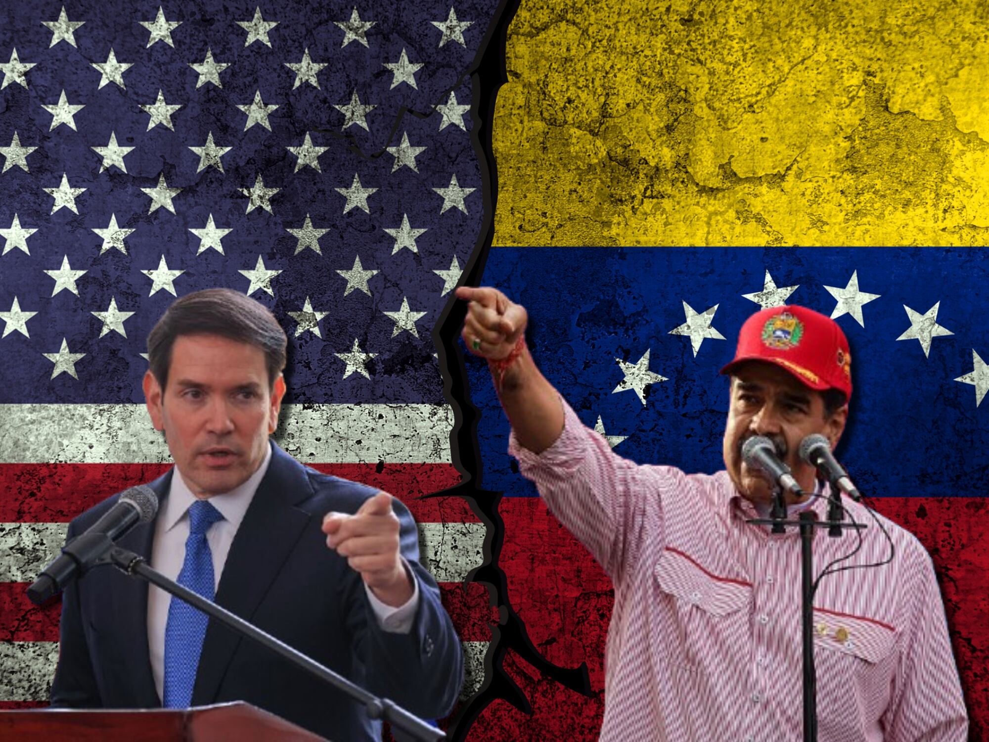 Marco Rubio y Nicolás Maduro. De fondo, las banderas de Estados Unidos y Venezuela. Fotos: Getty Images.