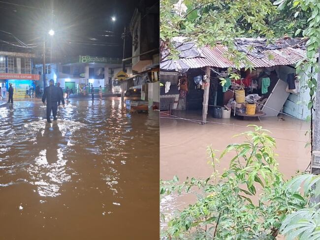 Inundaciones en el centro de Viterbo (foto izquierda) y en un barrio a la ribera del río Magdalena en La Dorada (foto derecha). Fotos: cuerpos de bomberos de Viterbo y La Dorada.