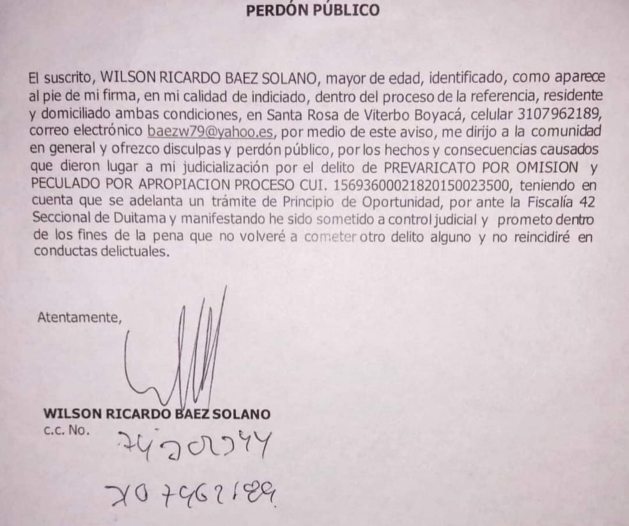 Wilson Ricardo Báez Solano también pidió perdón. Foto: Cortesía a Jorge Herrera.