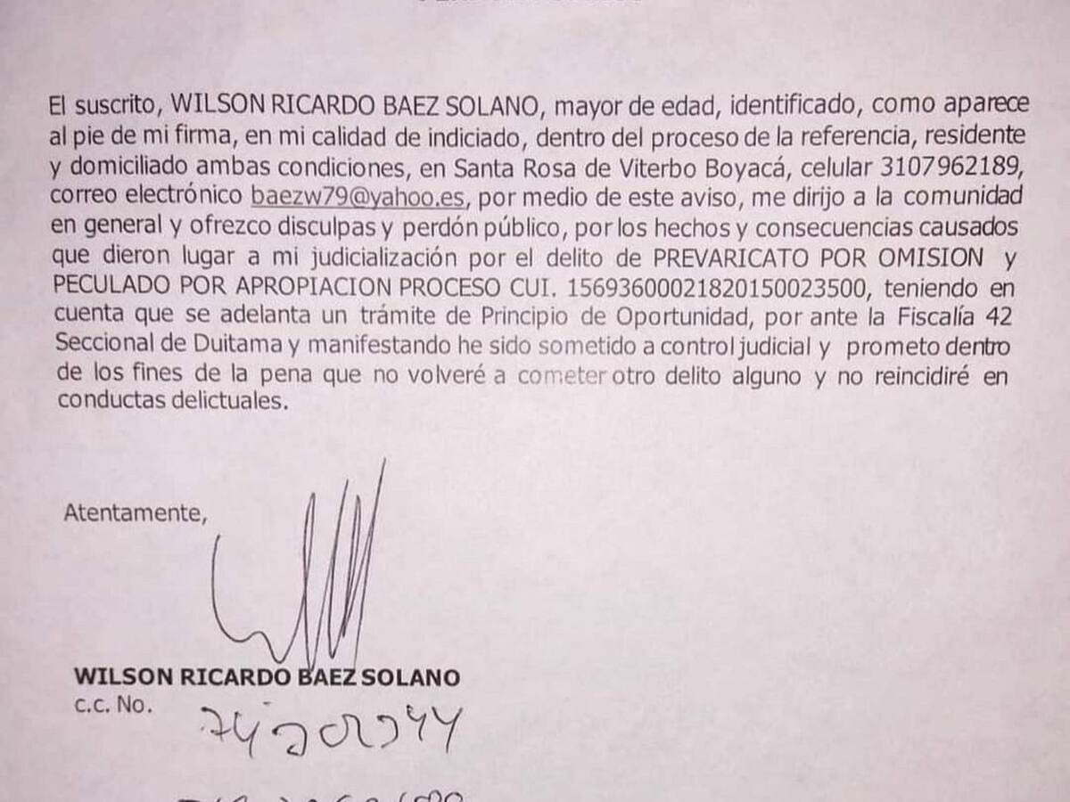 Actual alcalde de Santa Rosa de Viterbo promete no reincidir en conductas delictivas